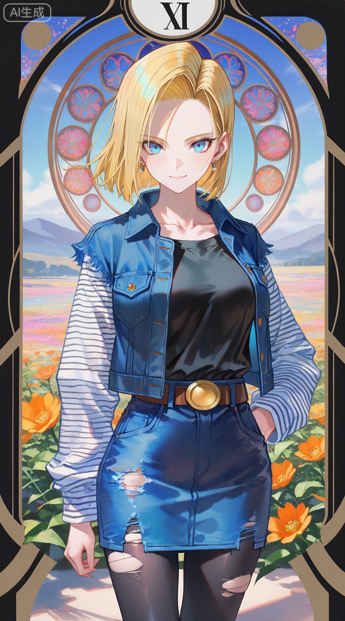 depth of field,masterpiece,best quality,very aesthetic,alternate costume,alternate costume,2024,2023,perfect composition,ultra-detailed,extreme aesthetic,masterpiece,best quality,good quality,newest,year 2024,year 2023,very aesthetic,absurdres,looking_at_viewer,colorful,
,art nouveau,traditional media,flower,xiamu,(tarot (medium):1.2),day,shadow,
android 18, blonde hair, short hair, blue eyes, 1girl, solo, torn clothes, denim, pantyhose, skirt, denim skirt, jewelry, earrings, jacket, torn pantyhose, denim jacket, belt, smile, looking at viewer, striped sleeves, shirt, long sleeves, black pantyhose, breasts, black shirt, torn sleeves, collarbone, blue skirt, blue jacket, standing, medium breasts