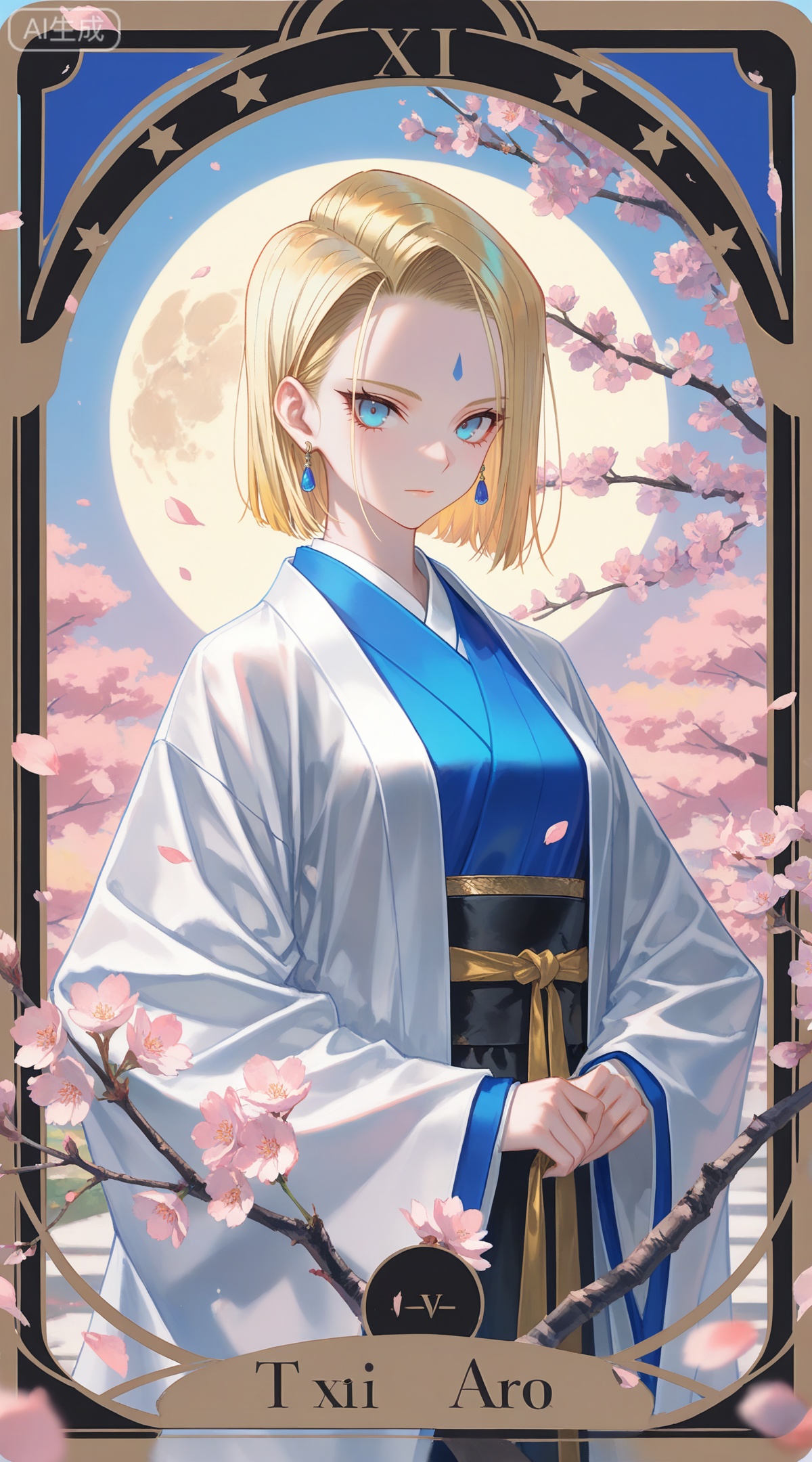 depth of field,masterpiece,best quality,very aesthetic,alternate costume,alternate costume,2024,2023,perfect composition,ultra-detailed,extreme aesthetic,masterpiece,best quality,good quality,newest,year 2024,year 2023,very aesthetic,absurdres,looking_at_viewer,colorful,
,art nouveau,traditional media,flower,xiamu,(tarot (medium):1.2),day,shadow,
android 18, blonde hair, short hair, blue eyes, 1girl, solo, earrings, moon, jewelry, looking at viewer, petals, cherry blossoms, forehead mark, facial mark, branch, japanese clothes, closed mouth, holding, upper body, sash, full moon, kimono, long sleeves, wide sleeves, falling petals