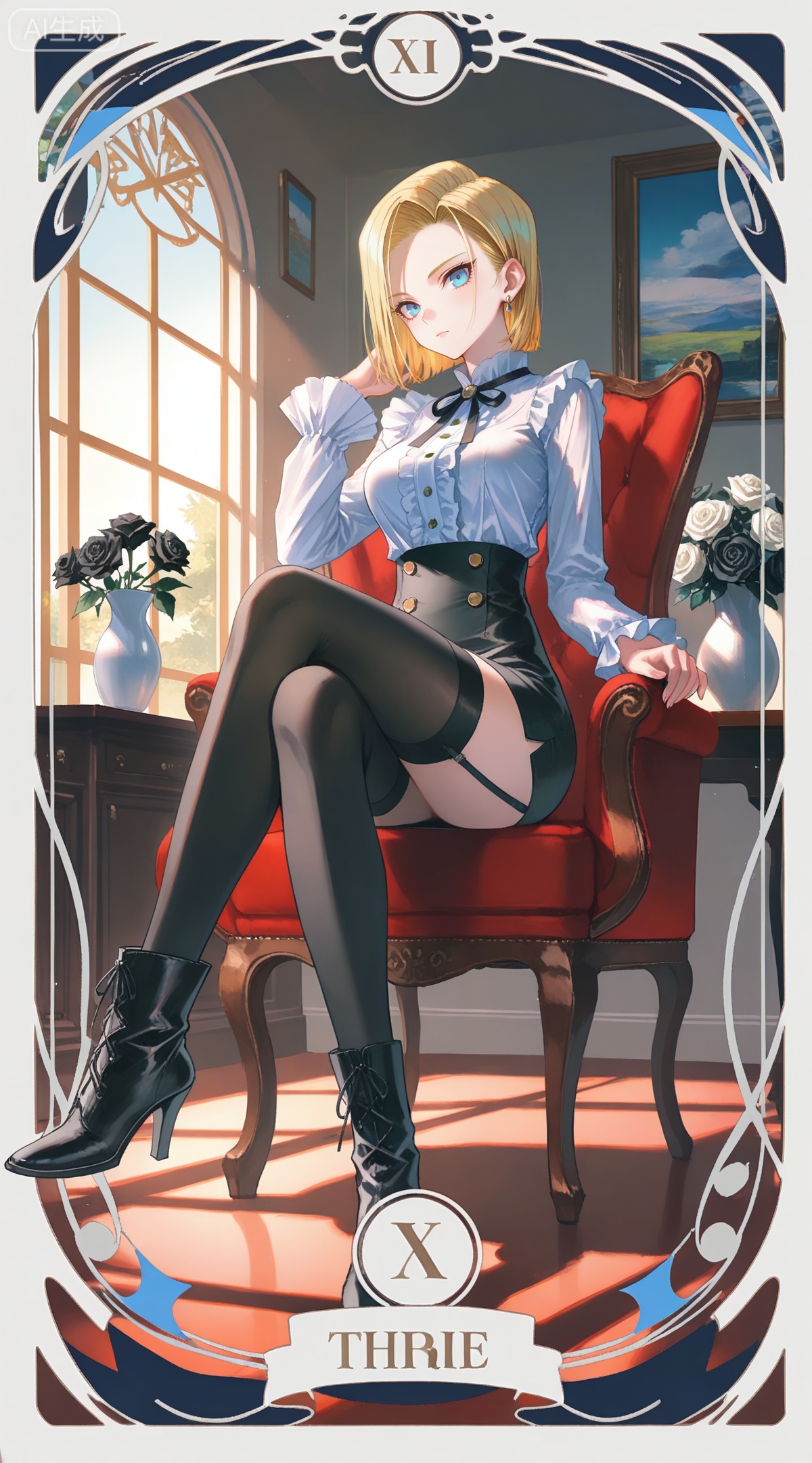 depth of field,masterpiece,best quality,very aesthetic,alternate costume,alternate costume,2024,2023,perfect composition,ultra-detailed,extreme aesthetic,masterpiece,best quality,good quality,newest,year 2024,year 2023,very aesthetic,absurdres,looking_at_viewer,colorful,
,art nouveau,traditional media,flower,xiamu,(tarot (medium):1.2),day,shadow,
android 18, blonde hair, short hair, blue eyes, 1girl, solo, sitting, flower, thighhighs, shirt, indoors, high heels, rose, window, white shirt, looking at viewer, boots, black footwear, garter straps, jewelry, earrings, long sleeves, crossed legs, frills, chair, breasts, black thighhighs, skirt, black ribbon, frilled shirt, black flower, high heel boots, ribbon, picture frame, vase, full body, neck ribbon, sunlight, buttons, black rose, medium breasts, black skirt, white rose, white flower, frilled sleeves, shadow, pencil skirt, center frills, closed mouth, high-waist skirt, painting \(object\), miniskirt
