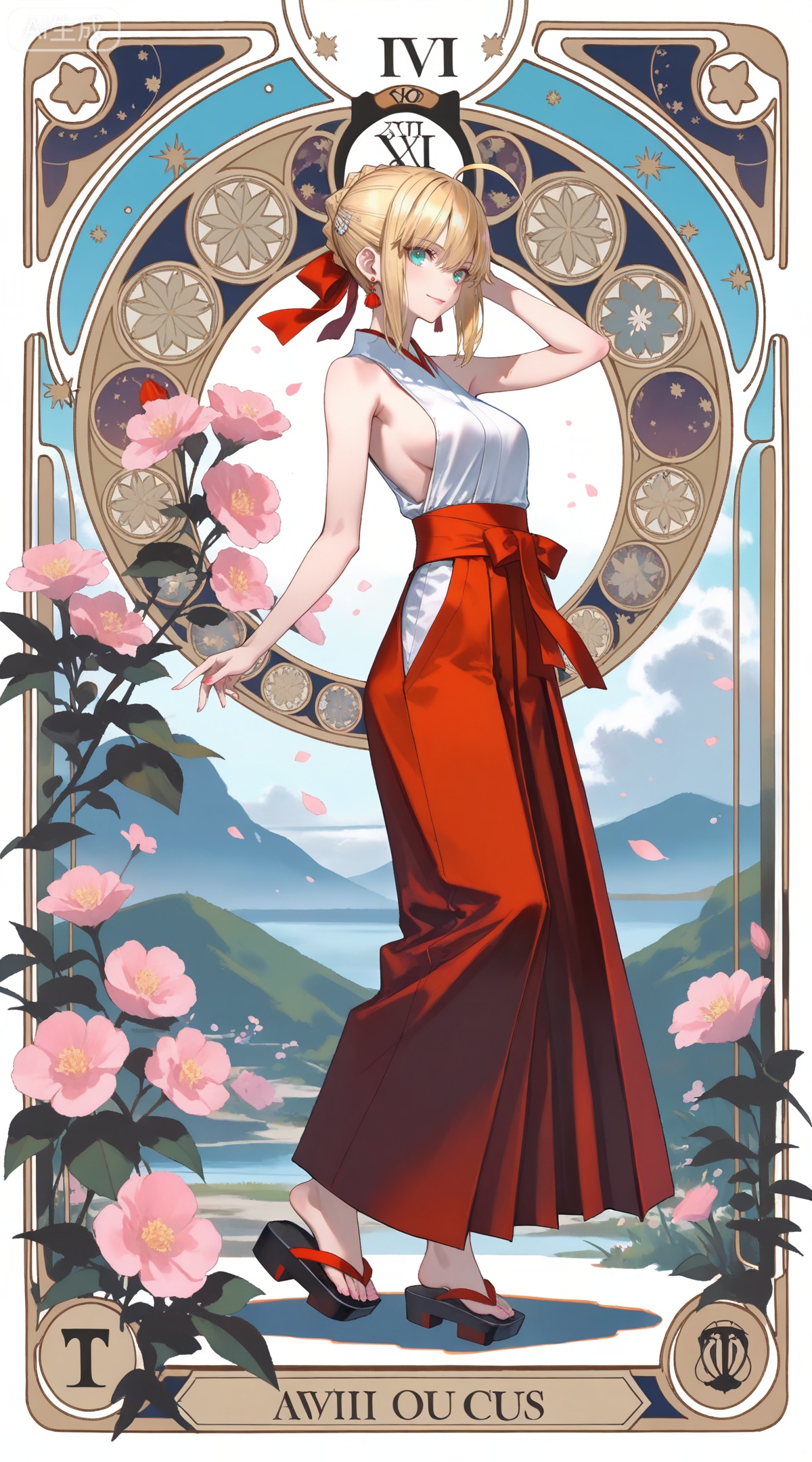 depth of field,masterpiece,best quality,very aesthetic,alternate costume,alternate costume,2024,2023,perfect composition,ultra-detailed,extreme aesthetic,masterpiece,best quality,good quality,newest,year 2024,year 2023,very aesthetic,absurdres,looking_at_viewer,colorful,
,art nouveau,traditional media,flower,xiamu,(tarot (medium):1.2),day,shadow,
artoria pendragon \(fate\), ahoge, blonde hair, aqua eyes, braided bun, french braid, 
1girl,solo,japanese clothes,full body,hair ornament,sleeveless kimono,oni,sleeveless,breasts,looking at viewer,kimono,bare arms,hakama skirt,arm up,standing,bare shoulders,earrings,jewelry,geta,toes,smile,sandals,lips,skirt,red hakama,sidelocks,hand up,sideboob,
