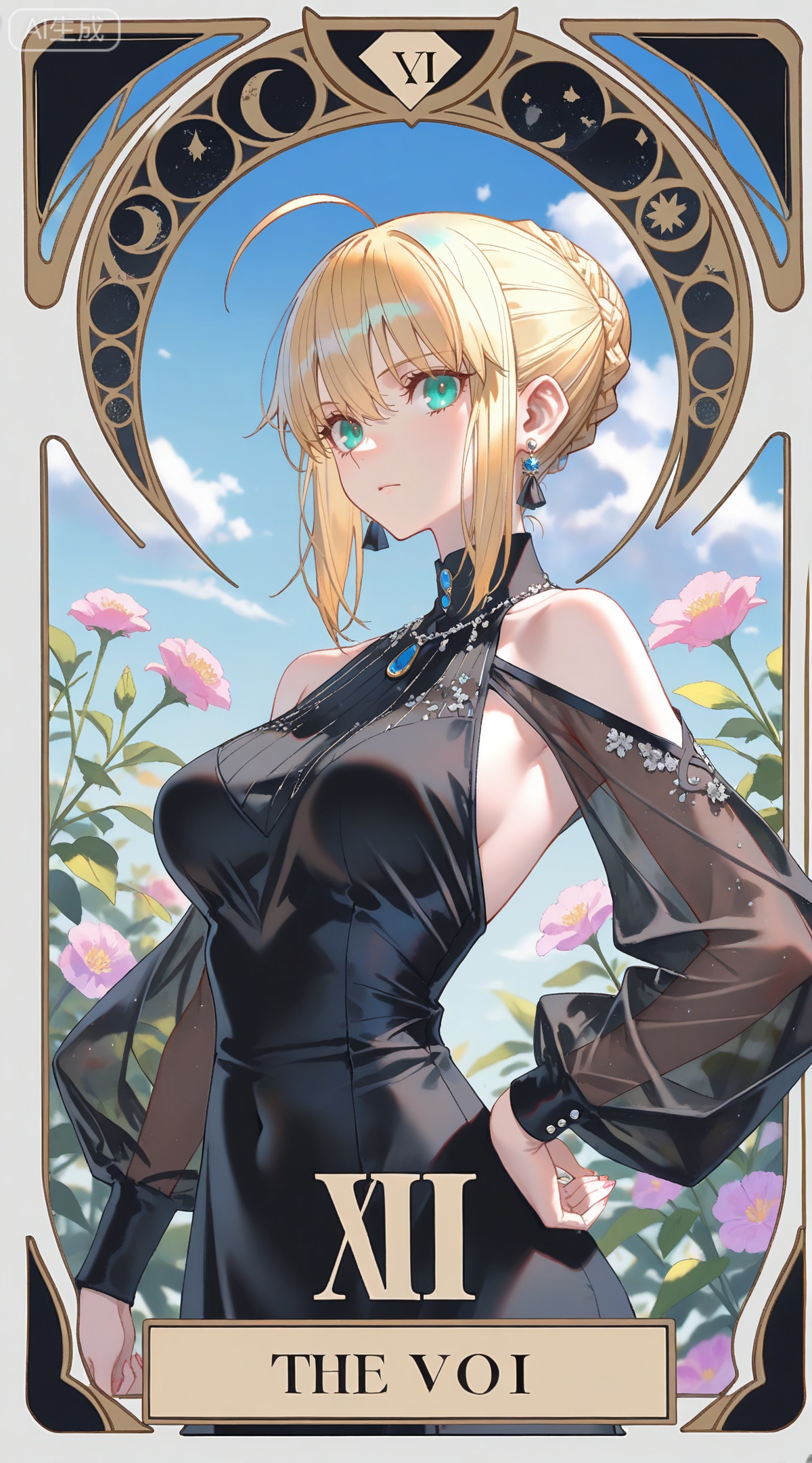 depth of field,masterpiece,best quality,very aesthetic,alternate costume,alternate costume,2024,2023,perfect composition,ultra-detailed,extreme aesthetic,masterpiece,best quality,good quality,newest,year 2024,year 2023,very aesthetic,absurdres,looking_at_viewer,colorful,
,art nouveau,traditional media,flower,xiamu,(tarot (medium):1.2),day,shadow,
artoria pendragon \(fate\), ahoge, blonde hair, aqua eyes, braided bun, french braid, 
1girl,solo,jewelry,earrings,see-through,dress,upper body,black dress,hand on own hip,breasts,see-through sleeves, 
