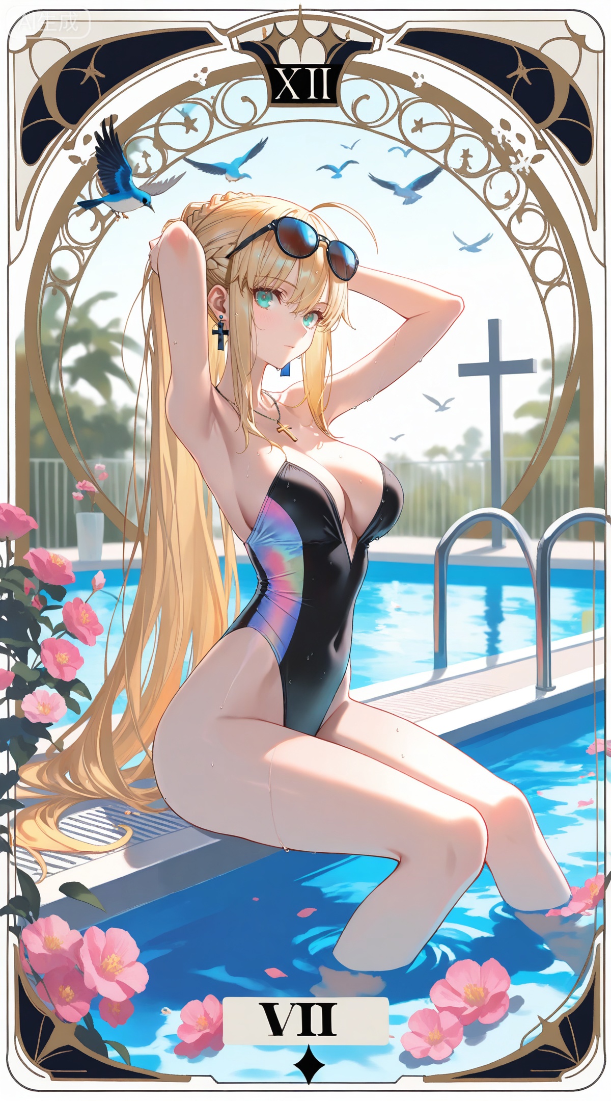 depth of field,masterpiece,best quality,very aesthetic,alternate costume,alternate costume,2024,2023,perfect composition,ultra-detailed,extreme aesthetic,masterpiece,best quality,good quality,newest,year 2024,year 2023,very aesthetic,absurdres,looking_at_viewer,colorful,
,art nouveau,traditional media,flower,xiamu,(tarot (medium):1.2),day,shadow,
artoria pendragon \(fate\), ahoge, blonde hair, aqua eyes, braided bun, french braid, 
1girl,breasts,swimsuit,one-piece swimsuit,official alternate costume,eyewear on head,solo,black one-piece swimsuit,looking at viewer,large breasts,very long hair,sitting,sunglasses,wet,see-through,bird,pool,water,thighs,cross,strapless one-piece swimsuit,highleg swimsuit,jewelry,soaking feet,tying hair,adjusting hair,arms up,transparent background,pool ladder,hand in own hair,hands in hair,arms behind head,poolside,casual one-piece swimsuit,wet clothes,earrings,highleg,white background,towel,full body,hair lift,sidelocks,necklace,21
