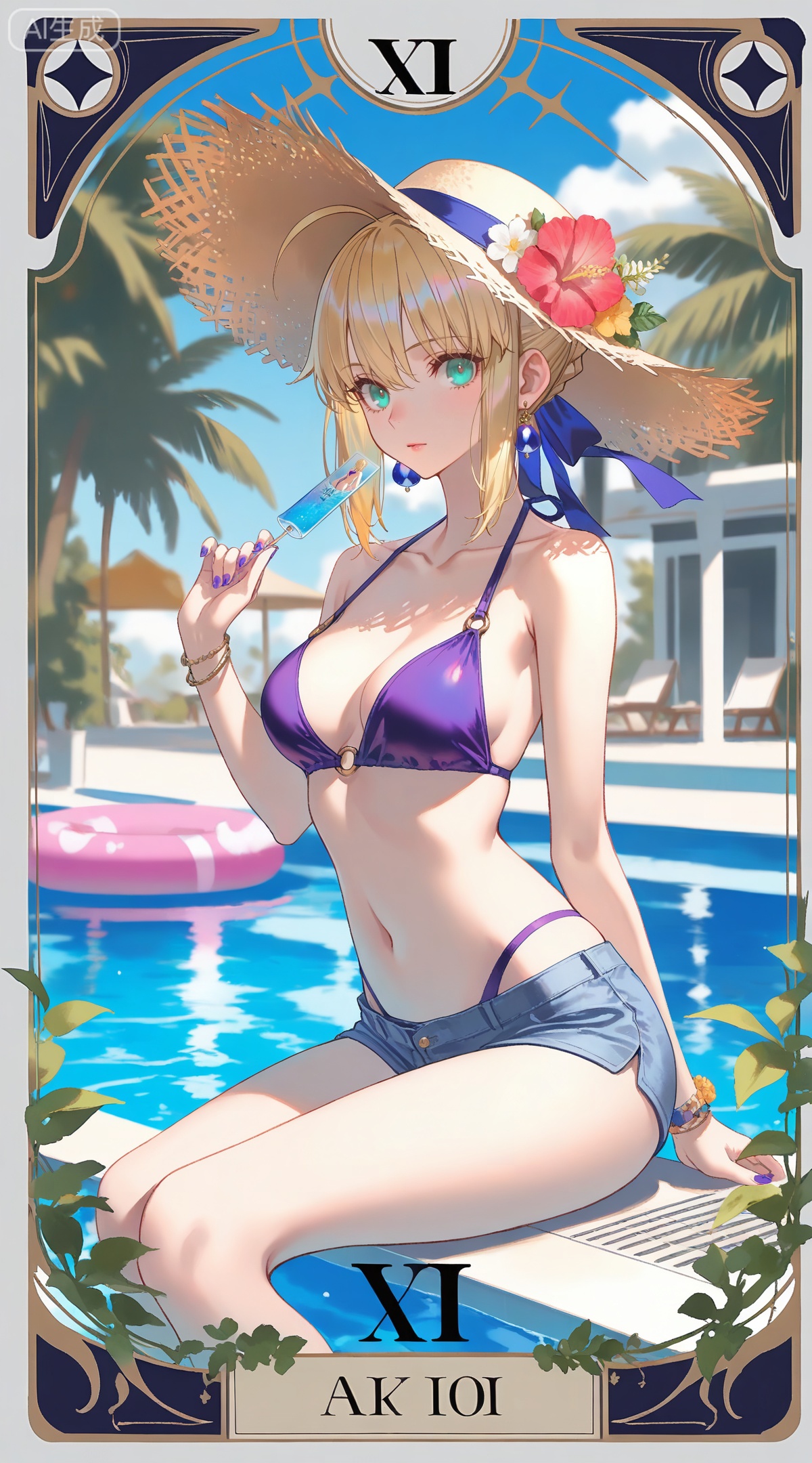 depth of field,masterpiece,best quality,very aesthetic,alternate costume,alternate costume,2024,2023,perfect composition,ultra-detailed,extreme aesthetic,masterpiece,best quality,good quality,newest,year 2024,year 2023,very aesthetic,absurdres,looking_at_viewer,colorful,
,art nouveau,traditional media,flower,xiamu,(tarot (medium):1.2),day,shadow,
artoria pendragon \(fate\), ahoge, blonde hair, aqua eyes, braided bun, french braid, 
1girl,hat,jewelry,breasts,solo,innertube,bracelet,flower,shorts,earrings,pool,looking at viewer,swimsuit,water,bikini,blurry,sun hat,hat flower,navel,sitting,blurry background,cleavage,collarbone,medium breasts,lips,purple bikini,outdoors,straw hat,bare shoulders,nail polish,
