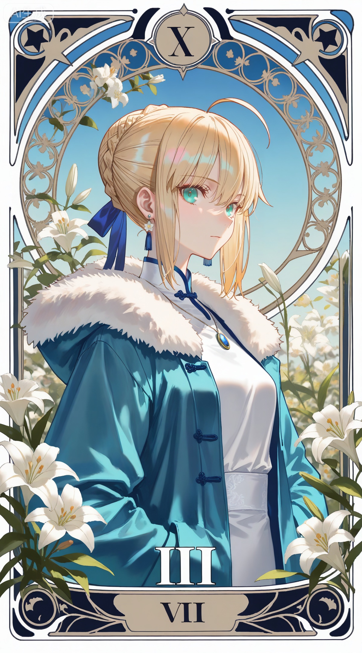 depth of field,masterpiece,best quality,very aesthetic,alternate costume,alternate costume,2024,2023,perfect composition,ultra-detailed,extreme aesthetic,masterpiece,best quality,good quality,newest,year 2024,year 2023,very aesthetic,absurdres,looking_at_viewer,colorful,
,art nouveau,traditional media,flower,xiamu,(tarot (medium):1.2),day,shadow,
artoria pendragon \(fate\), ahoge, blonde hair, aqua eyes, braided bun, french braid, 
1girl,solo,
flower,jewelry,earrings,white flower,looking at viewer,lily \(flower\),shirt,upper body,chinese clothes,white shirt,necklace,fur trim,closed mouth,long sleeves,jacket,
