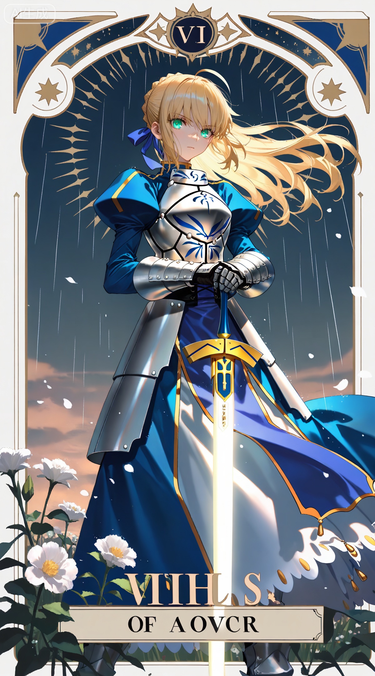 depth of field,masterpiece,best quality,very aesthetic,alternate costume,alternate costume,2024,2023,perfect composition,ultra-detailed,extreme aesthetic,masterpiece,best quality,good quality,newest,year 2024,year 2023,very aesthetic,absurdres,looking_at_viewer,colorful,
,art nouveau,traditional media,flower,xiamu,(tarot (medium):1.2),day,shadow,
artoria pendragon \(fate\), ahoge, blonde hair, aqua eyes, braided bun, french braid, 1girl, saber \(fate\), solo, armor, gauntlets, glowing, long hair, weapon, sword, dress, armored dress, excalibur \(fate/stay night\), green eyes, ribbon, rain, glowing eyes, hair ribbon, wind, blue dress, blue ribbon, looking at viewer, planted, planted sword, faulds, puffy sleeves, long sleeves, juliet sleeves, holding, armored boots, breastplate, standing, greaves, sky, outdoors