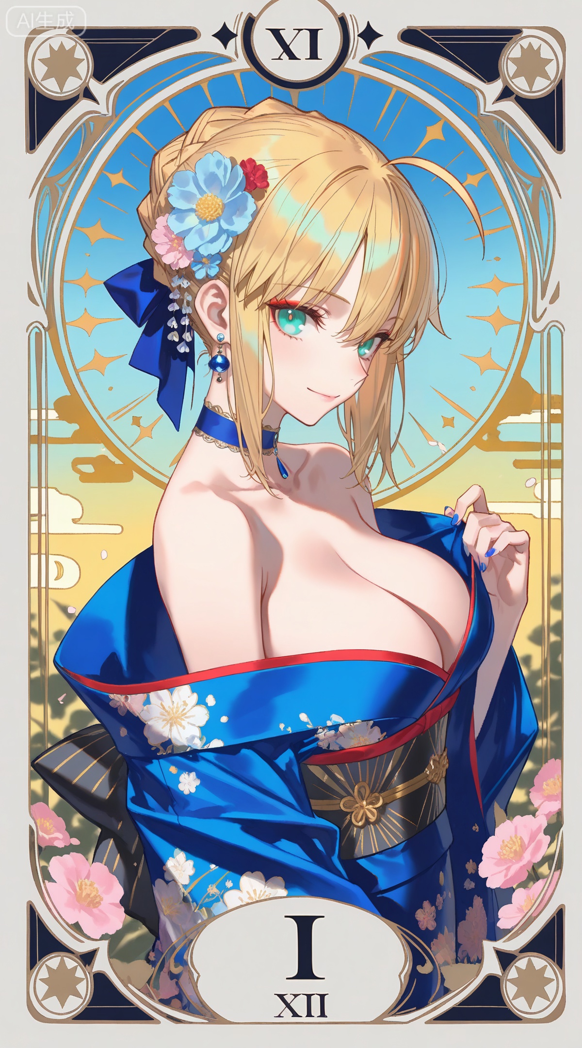depth of field,masterpiece,best quality,very aesthetic,alternate costume,alternate costume,2024,2023,perfect composition,ultra-detailed,extreme aesthetic,masterpiece,best quality,good quality,newest,year 2024,year 2023,very aesthetic,absurdres,looking_at_viewer,colorful,
,art nouveau,traditional media,flower,xiamu,(tarot (medium):1.2),day,shadow,
artoria pendragon \(fate\), ahoge, blonde hair, aqua eyes, braided bun, french braid, 
1girl,breasts,solo,japanese clothes,hair ornament,kimono,flower,hair flower,sash,blue kimono,large breasts,choker,looking at viewer,cleavage,bare shoulders,obi,off shoulder,earrings,smile,jewelry,floral print,closed mouth,makeup,from side,long sleeves,
