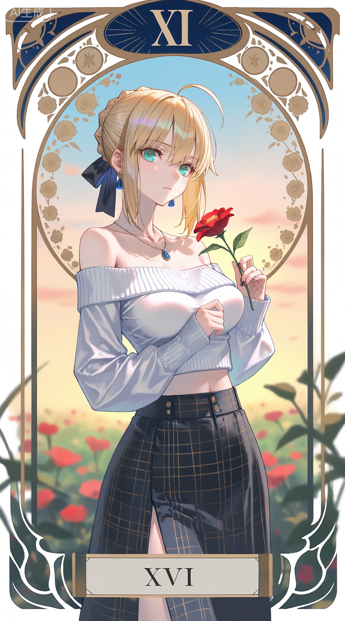 depth of field,masterpiece,best quality,very aesthetic,alternate costume,alternate costume,2024,2023,perfect composition,ultra-detailed,extreme aesthetic,masterpiece,best quality,good quality,newest,year 2024,year 2023,very aesthetic,absurdres,looking_at_viewer,colorful,
,art nouveau,traditional media,flower,xiamu,(tarot (medium):1.2),day,shadow,
artoria pendragon \(fate\), ahoge, blonde hair, aqua eyes, braided bun, french braid, 
1girl,solo,skirt,off shoulder,off-shoulder sweater,jewelry,white sweater,holding flower,necklace,bare shoulders,holding,sweater,breasts,black skirt,plaid skirt,collarbone,plaid,blurry background,crop top,blurry,midriff,long sleeves,large breasts,

