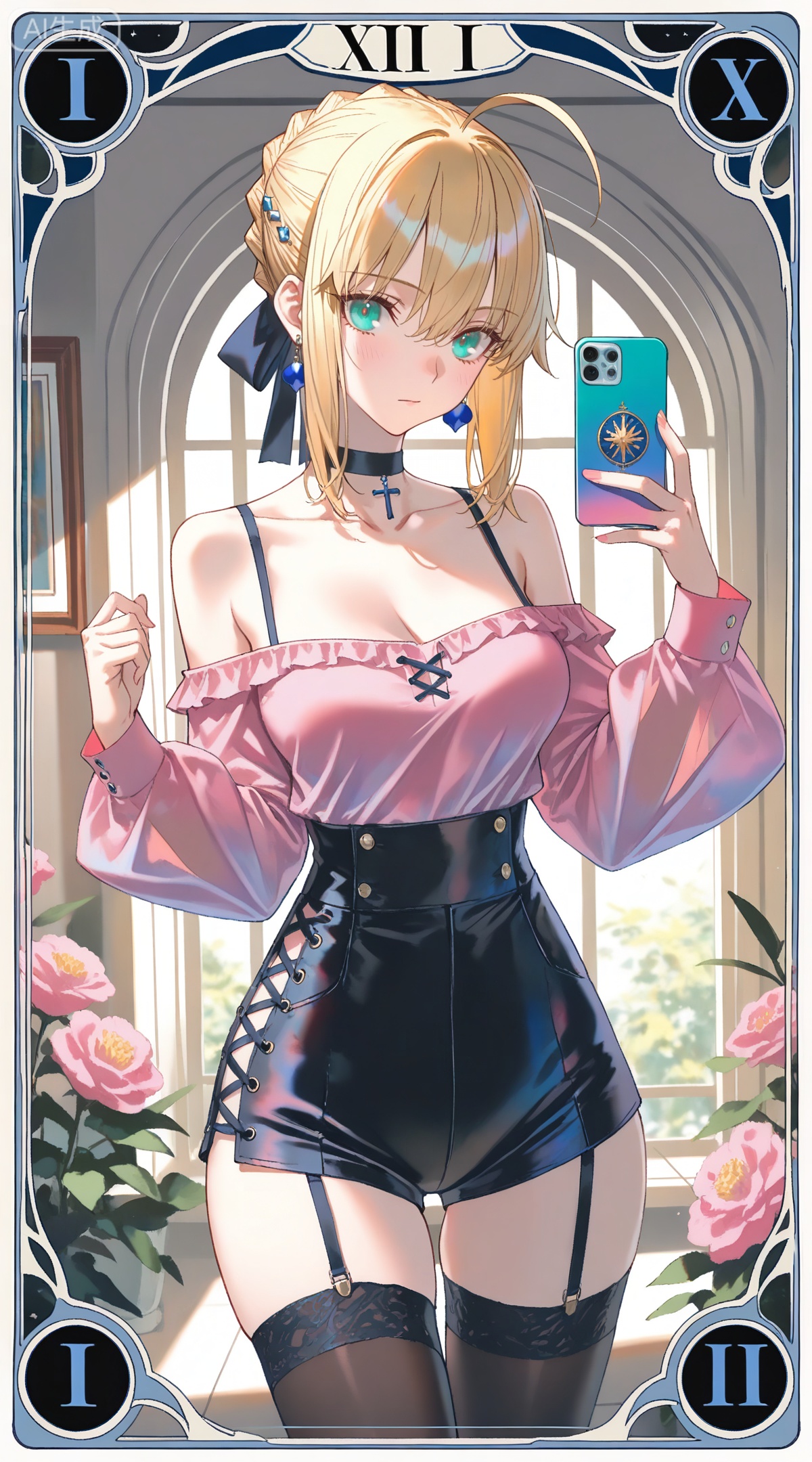 depth of field,masterpiece,best quality,very aesthetic,alternate costume,alternate costume,2024,2023,perfect composition,ultra-detailed,extreme aesthetic,masterpiece,best quality,good quality,newest,year 2024,year 2023,very aesthetic,absurdres,looking_at_viewer,colorful,
,art nouveau,traditional media,flower,xiamu,(tarot (medium):1.2),day,shadow,
artoria pendragon \(fate\), ahoge, blonde hair, aqua eyes, braided bun, french braid, 
1girl,breasts,jewelry,phone,earrings,thighhighs,choker,solo,cleavage,cellphone,black choker,holding phone,bare shoulders,holding,smartphone,shirt,garter straps,black thighhighs,off-shoulder shirt,leotard,frills,selfie,collarbone,off shoulder,pink shirt,long sleeves,cross-laced clothes,standing,clothes hanger,closed mouth,cowboy shot,high-waist shorts,thighs,indoors,large breasts,see-through,shorts,medium breasts,
