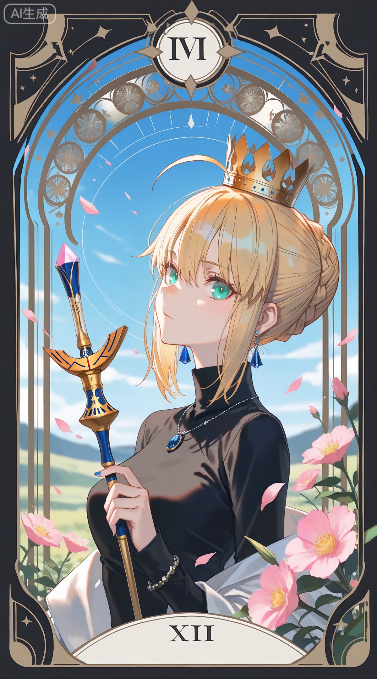 depth of field,masterpiece,best quality,very aesthetic,alternate costume,alternate costume,2024,2023,perfect composition,ultra-detailed,extreme aesthetic,masterpiece,best quality,good quality,newest,year 2024,year 2023,very aesthetic,absurdres,looking_at_viewer,colorful,
,art nouveau,traditional media,flower,xiamu,(tarot (medium):1.2),day,shadow,
artoria pendragon \(fate\), ahoge, blonde hair, aqua eyes, braided bun, french braid, 
1girl,solo,jewelry,crown,earrings,looking at viewer,holding,long sleeves,wand,gem,black shirt,necklace,turtleneck,character name,upper body,