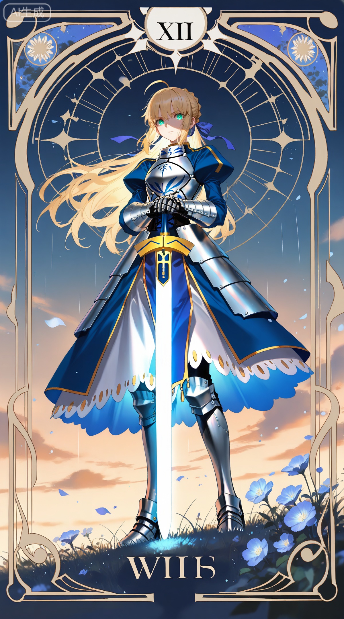 depth of field,masterpiece,best quality,very aesthetic,alternate costume,alternate costume,2024,2023,perfect composition,ultra-detailed,extreme aesthetic,masterpiece,best quality,good quality,newest,year 2024,year 2023,very aesthetic,absurdres,looking_at_viewer,colorful,
,art nouveau,traditional media,flower,xiamu,(tarot (medium):1.2),day,shadow,
artoria pendragon \(fate\), ahoge, blonde hair, aqua eyes, braided bun, french braid, 1girl, saber \(fate\), solo, armor, gauntlets, glowing, long hair, weapon, sword, dress, armored dress, excalibur \(fate/stay night\), green eyes, ribbon, rain, glowing eyes, hair ribbon, wind, blue dress, blue ribbon, looking at viewer, planted, planted sword, faulds, puffy sleeves, long sleeves, juliet sleeves, holding, armored boots, breastplate, standing, greaves, sky, outdoors