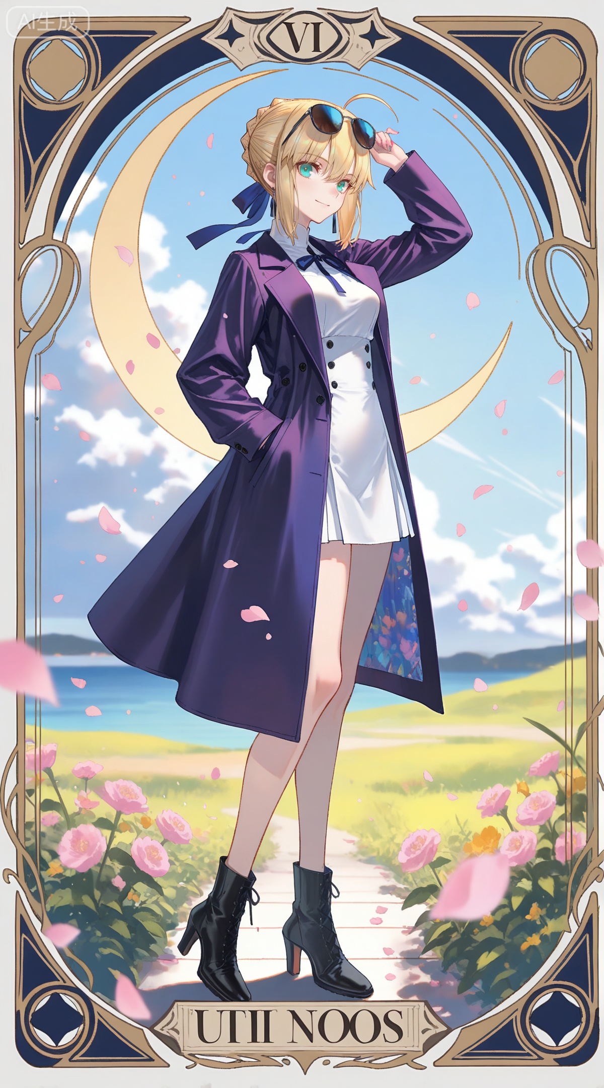 depth of field,masterpiece,best quality,very aesthetic,alternate costume,alternate costume,2024,2023,perfect composition,ultra-detailed,extreme aesthetic,masterpiece,best quality,good quality,newest,year 2024,year 2023,very aesthetic,absurdres,looking_at_viewer,colorful,
,art nouveau,traditional media,flower,xiamu,(tarot (medium):1.2),day,shadow,
artoria pendragon \(fate\), ahoge, blonde hair, aqua eyes, braided bun, french braid, 
1girl,eyewear on head,solo,sunglasses,high heels,dress,smile,full body,petals,coat,breasts,boots,short dress,purple coat,looking at viewer,high heel boots,long sleeves,white dress,standing,
