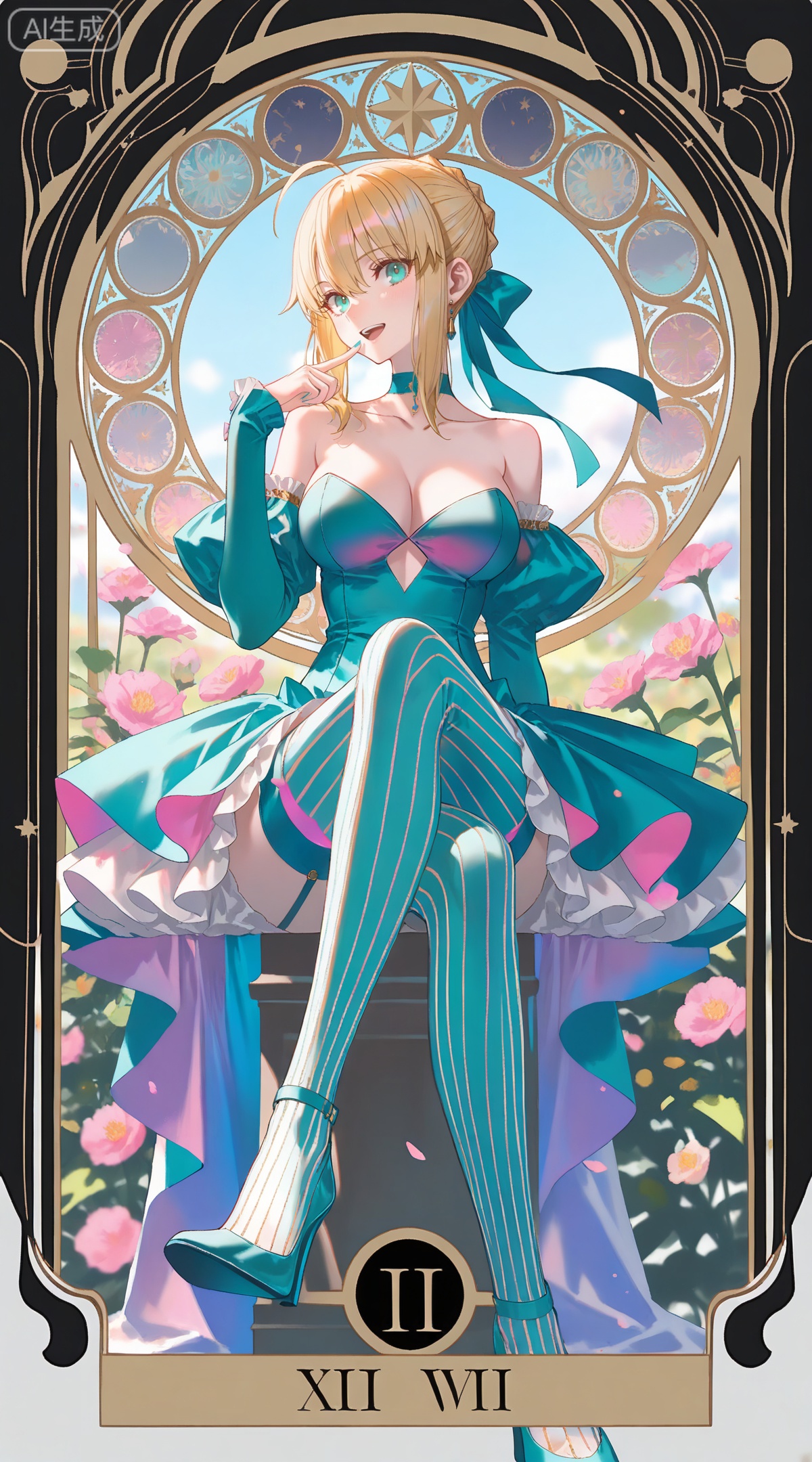 depth of field,masterpiece,best quality,very aesthetic,alternate costume,alternate costume,2024,2023,perfect composition,ultra-detailed,extreme aesthetic,masterpiece,best quality,good quality,newest,year 2024,year 2023,very aesthetic,absurdres,looking_at_viewer,colorful,
,art nouveau,traditional media,flower,xiamu,(tarot (medium):1.2),day,shadow,
artoria pendragon \(fate\), ahoge, blonde hair, aqua eyes, braided bun, french braid, 
1girl,solo,thighhighs,vertical-striped clothes,breasts,high heels,cleavage,long hair,striped clothes,bow,detached sleeves,transparent chair,vertical-striped thighhighs,smile,open mouth,aqua footwear,sitting,crossed_legs,looking at viewer,collarbone,full body,hair bow,frills,bare shoulders,large breasts,dress,striped thighhighs,pink bow,strapless,aqua bow,finger to mouth,
