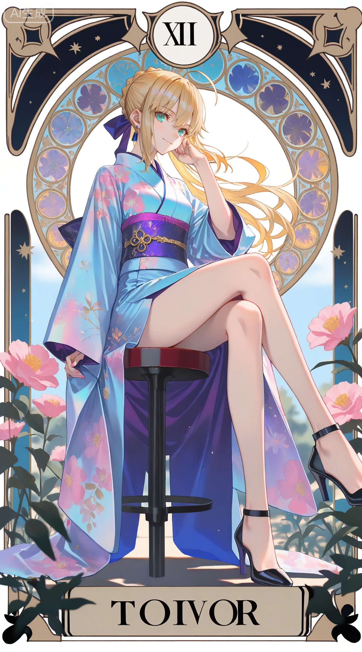 depth of field,masterpiece,best quality,very aesthetic,alternate costume,alternate costume,2024,2023,perfect composition,ultra-detailed,extreme aesthetic,masterpiece,best quality,good quality,newest,year 2024,year 2023,very aesthetic,absurdres,looking_at_viewer,colorful,
,art nouveau,traditional media,flower,xiamu,(tarot (medium):1.2),day,shadow,
artoria pendragon \(fate\), ahoge, blonde hair, aqua eyes, braided bun, french braid, 
1girl,solo,high heels,sitting,kimono,japanese clothes,crossed legs,sash,purple sash,full body,smile,looking at viewer,hand on own face,floral print,obi,stool,head rest,simple background,legs,cover,jewelry,floating hair,
