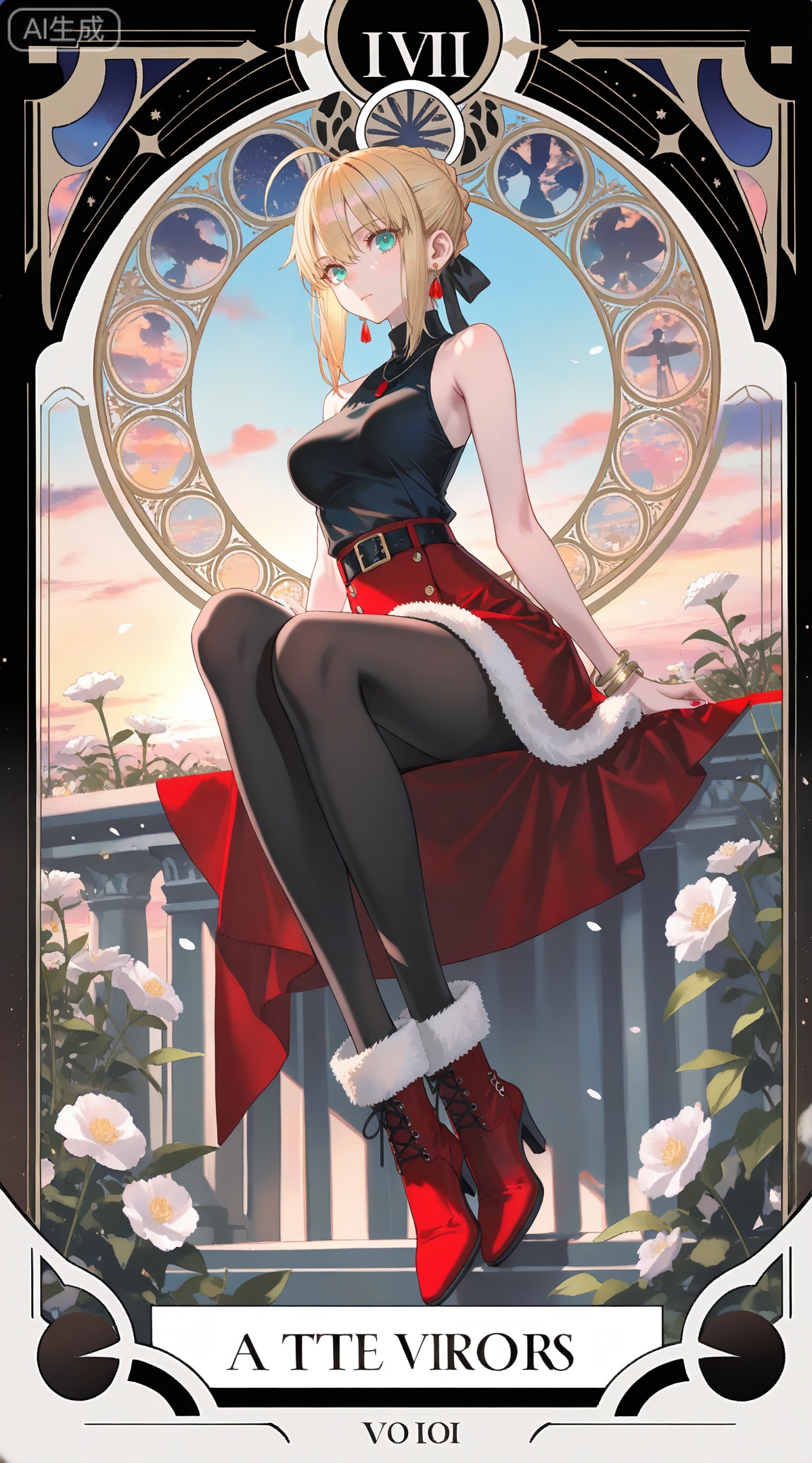 depth of field,masterpiece,best quality,very aesthetic,alternate costume,alternate costume,2024,2023,perfect composition,ultra-detailed,extreme aesthetic,masterpiece,best quality,good quality,newest,year 2024,year 2023,very aesthetic,absurdres,looking_at_viewer,colorful,
,art nouveau,traditional media,flower,xiamu,(tarot (medium):1.2),day,shadow,
artoria pendragon \(fate\), ahoge, blonde hair, aqua eyes, braided bun, french braid, 
1girl,boots,fur trim,jewelry,long hair,breasts,red footwear,skirt,fur-trimmed boots,earrings,sitting,red skirt,bracelet,high heels,full body,looking at viewer,belt,closed mouth,sleeveless,high heel boots,copyright name,bangle,english text,black pantyhose,cover,medium breasts,black shirt,shirt,fur-trimmed skirt,46,
