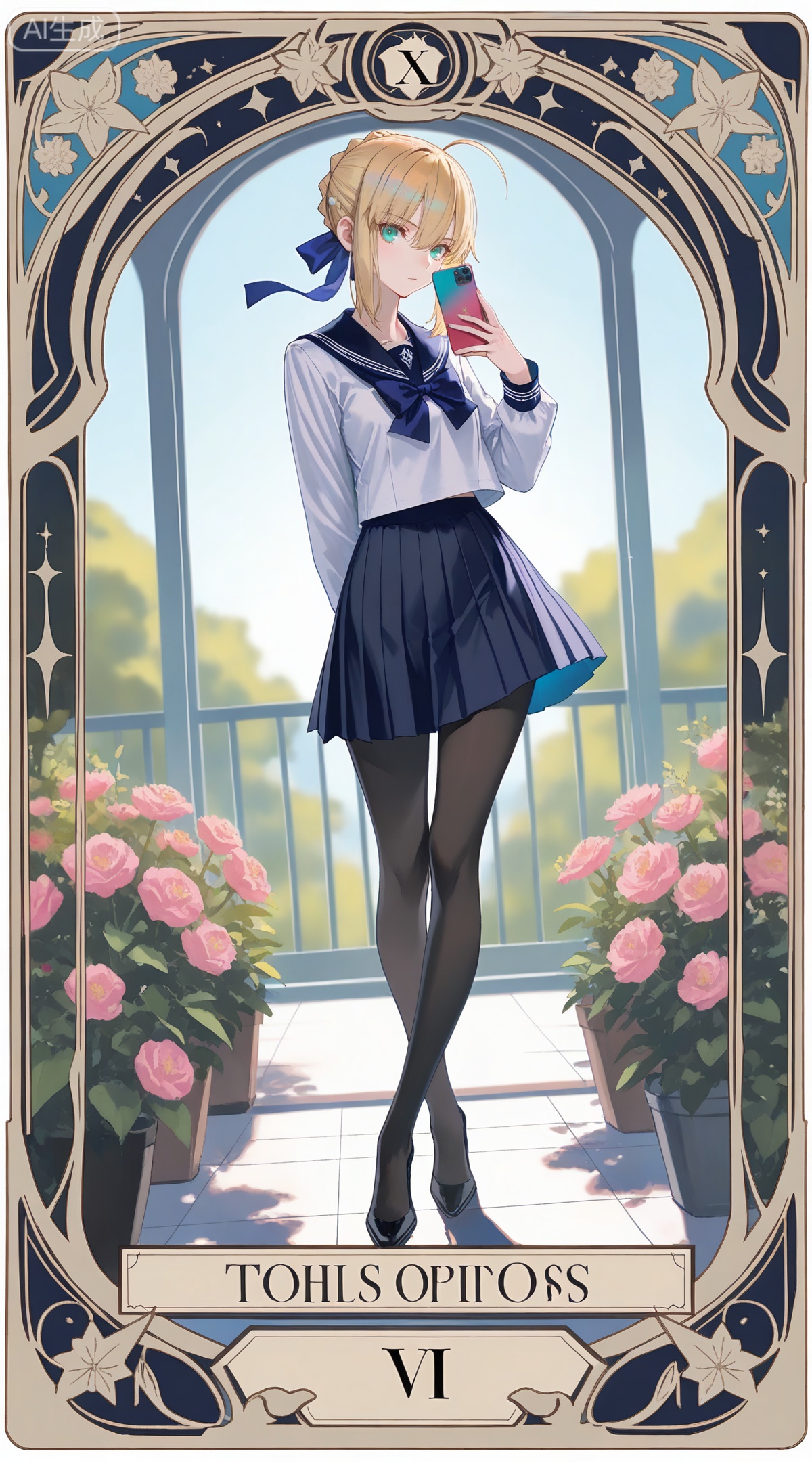 depth of field,masterpiece,best quality,very aesthetic,alternate costume,alternate costume,2024,2023,perfect composition,ultra-detailed,extreme aesthetic,masterpiece,best quality,good quality,newest,year 2024,year 2023,very aesthetic,absurdres,looking_at_viewer,colorful,
,art nouveau,traditional media,flower,xiamu,(tarot (medium):1.2),day,shadow,
artoria pendragon \(fate\), ahoge, blonde hair, aqua eyes, braided bun, french braid, 
1girl, pantyhose, solo, school uniform, skirt, phone, selfie, cellphone, serafuku, smartphone, holding phone, black pantyhose, high heels, full body, holding, bow, crossed legs, standing, 3/4 view,
