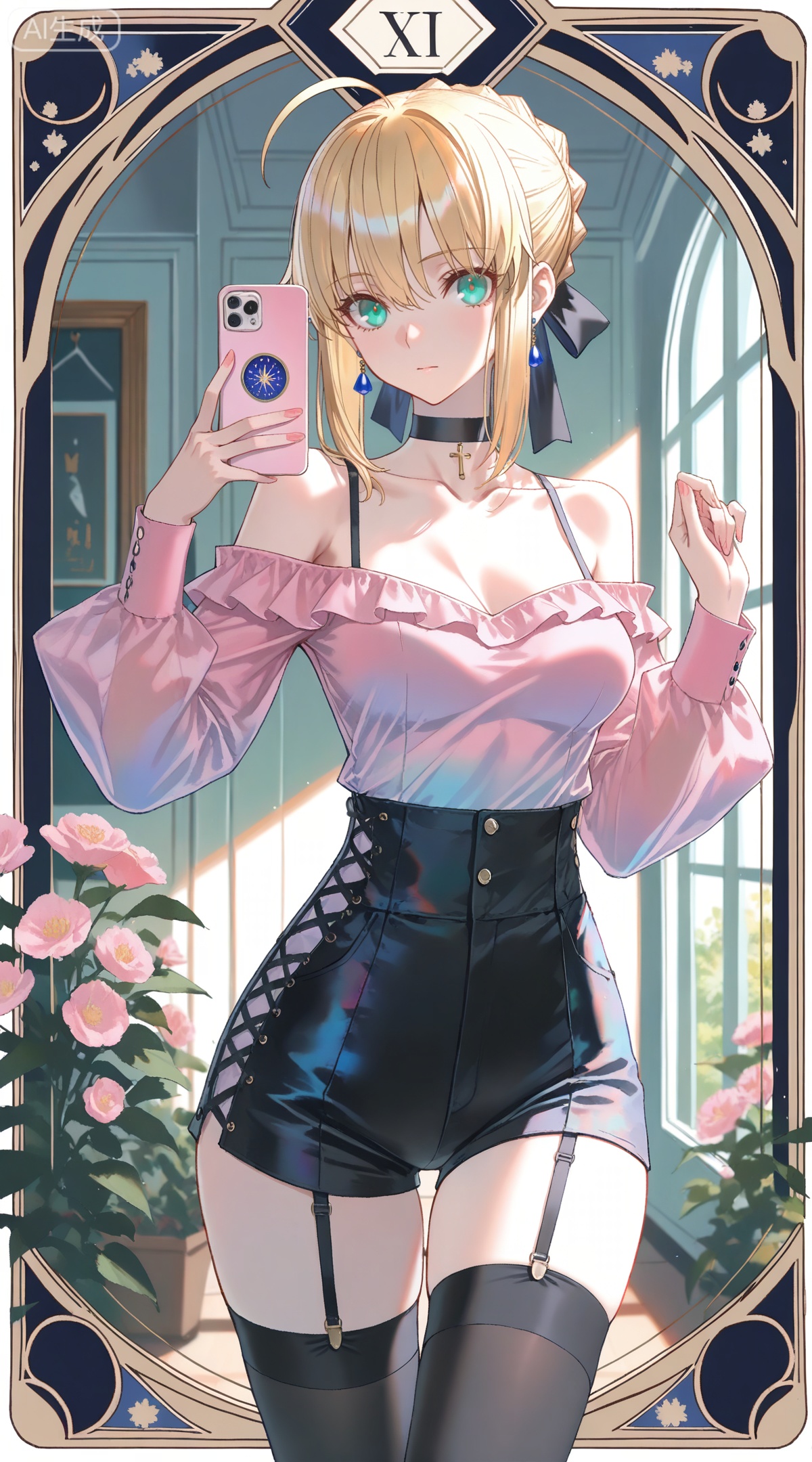 depth of field,masterpiece,best quality,very aesthetic,alternate costume,alternate costume,2024,2023,perfect composition,ultra-detailed,extreme aesthetic,masterpiece,best quality,good quality,newest,year 2024,year 2023,very aesthetic,absurdres,looking_at_viewer,colorful,
,art nouveau,traditional media,flower,xiamu,(tarot (medium):1.2),day,shadow,
artoria pendragon \(fate\), ahoge, blonde hair, aqua eyes, braided bun, french braid, 
1girl,breasts,jewelry,phone,earrings,thighhighs,choker,solo,cleavage,cellphone,black choker,holding phone,bare shoulders,holding,smartphone,shirt,garter straps,black thighhighs,off-shoulder shirt,leotard,frills,selfie,collarbone,off shoulder,pink shirt,long sleeves,cross-laced clothes,standing,clothes hanger,closed mouth,cowboy shot,high-waist shorts,thighs,indoors,large breasts,see-through,shorts,medium breasts,
