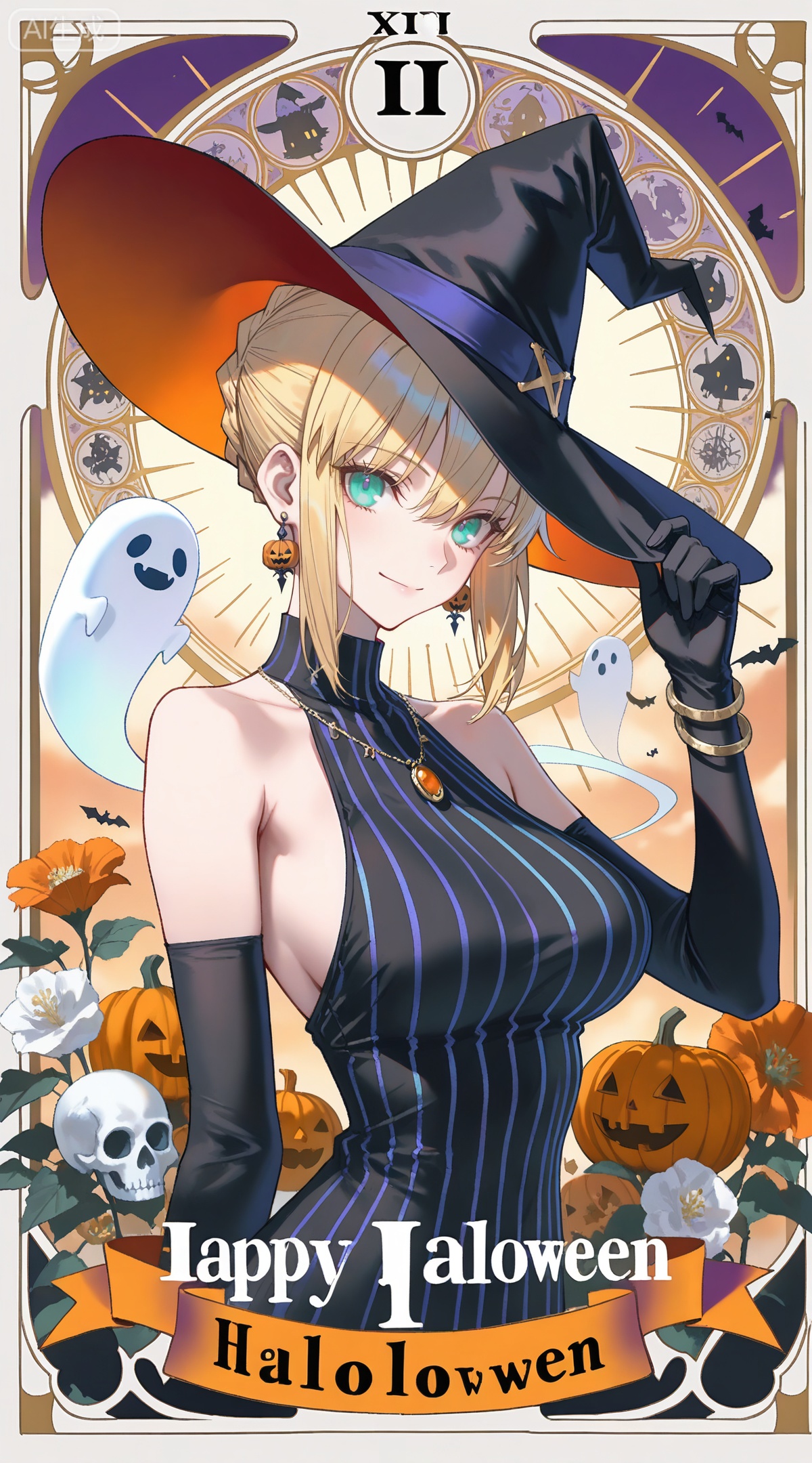 depth of field,masterpiece,best quality,very aesthetic,alternate costume,alternate costume,2024,2023,perfect composition,ultra-detailed,extreme aesthetic,masterpiece,best quality,good quality,newest,year 2024,year 2023,very aesthetic,absurdres,looking_at_viewer,colorful,
,art nouveau,traditional media,flower,xiamu,(tarot (medium):1.2),day,shadow,
artoria pendragon \(fate\), ahoge, blonde hair, aqua eyes, braided bun, french braid, 
1girl,witch hat,gloves,jewelry,hat,breasts,solo,jack-o'-lantern,dress,halloween,earrings,ghost,black gloves,necklace,looking at viewer,black dress,pumpkin,smile,black headwear,sleeveless,elbow gloves,happy halloween,sleeveless dress,striped dress,bracelet,purple eyes,border,skull,upper body,halloween costume,witch,striped clothes,hand on headwear,large breasts,closed mouth,bare shoulders,
