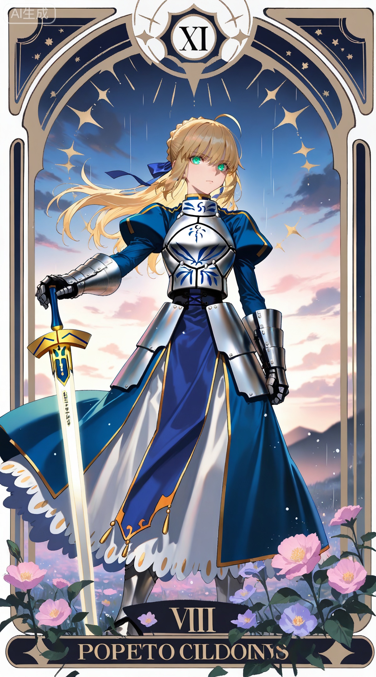 depth of field,masterpiece,best quality,very aesthetic,alternate costume,alternate costume,2024,2023,perfect composition,ultra-detailed,extreme aesthetic,masterpiece,best quality,good quality,newest,year 2024,year 2023,very aesthetic,absurdres,looking_at_viewer,colorful,
,art nouveau,traditional media,flower,xiamu,(tarot (medium):1.2),day,shadow,
artoria pendragon \(fate\), ahoge, blonde hair, aqua eyes, braided bun, french braid, 1girl, saber \(fate\), solo, armor, gauntlets, glowing, long hair, weapon, sword, dress, armored dress, excalibur \(fate/stay night\), green eyes, ribbon, rain, glowing eyes, hair ribbon, wind, blue dress, blue ribbon, looking at viewer, planted, planted sword, faulds, puffy sleeves, long sleeves, juliet sleeves, holding, armored boots, breastplate, standing, greaves, sky, outdoors