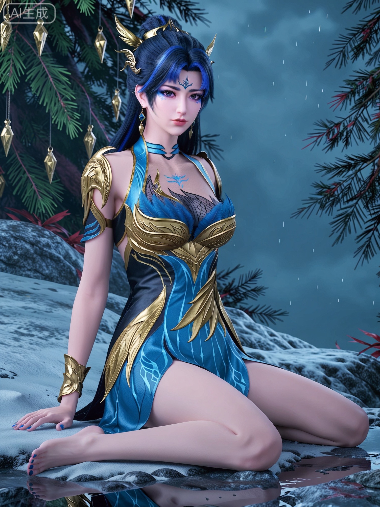 score_9,score_8_up,score_7_up,masterpiece,(best quality),(intricate details:0.9) BREAK (intricate details:0.9),(realistic skin:1.2),masterpiece,best quality,newest,absurdres,hiahres,1girl,jewelry,hair ornament,dress,necklace,lips,eyeshadow,bracelet,tassel,(8k ultra-clear, pony style),photo pose 0.6, micro-expression: soft smile 0.3, half-body + medium shot 0.7,1girl,looking_at_viewer,1boy,hair,realistic,photorealistic,Vivid Colors,bright environment,shiny skin,shiny hairjewelry,detail eyes,Eyes highlights,glowing,sunshine,bright,reflection,bright,sunshine on face,shiny,shinny,petite,thin,leg slimming,lose weight,slim hips,lakeside,delicate water,reflection,(full body:1.3)sitting_down,eyelashes,snow,Winter,Snowy landscape,Snow accumulation,Christmas tree,(huge breasts:1),