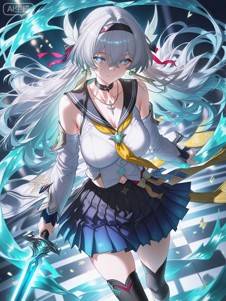 A beautiful anime-style female warrior with long, flowing silver hair adorned with white leaf-shaped accessories and a red ribbon, wearing a stylish sailor-inspired outfit featuring a white blouse with black trim, a deep V-neckline, a layered dark blue pleated skirt, thigh-high black boots with red accents, and a decorative yellow sash tied around her waist with a gemstone brooch, holding a futuristic sword with a glowing blue blade and intricate mechanical details, standing confidently in a dynamic pose against a vibrant background of swirling teal energy waves and floating debris, expressive blue eyes with a gentle yet determined gaze, delicate facial features, multiple necklaces including a cross pendant and choker, green earrings with leaf motifs, cinematic lighting with soft highlights and dramatic shadows, high-quality digital illustration with sharp linework, rich colors, and detailed textures — ar 3:4 --v 6 --style raw --lighting dynamic fantasy illumination with glowing effects and ambient light rays