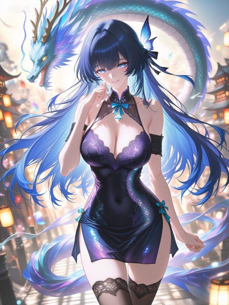 A beautiful anime-style fantasy woman with long, flowing dark blue hair featuring light blue streaks and a delicate butterfly-shaped hairpin, wearing an elegant and revealing traditional-inspired outfit: a deep purple lace bra with floral embroidery and a small blue bow, paired with a short, form-fitting black dress adorned with shimmering dragon-scale patterns and subtle glowing motifs, thigh-high stockings with ornate lace tops, standing confidently in a dynamic pose with one hand gently touching her face, soft smile and gentle expression, bright blue eyes with sparkling highlights, background featuring a majestic celestial dragon with turquoise and lavender scales soaring above a mystical East Asian-style temple village with red lanterns and ancient architecture, soft daylight with golden hour glow, magical atmosphere enhanced by floating particles and radiant energy effects, high-quality digital illustration with rich colors, detailed textures, and cinematic lighting — ar 3:4 --v 6 --style raw --lighting warm ambient daylight with glowing highlights and soft bokeh effects