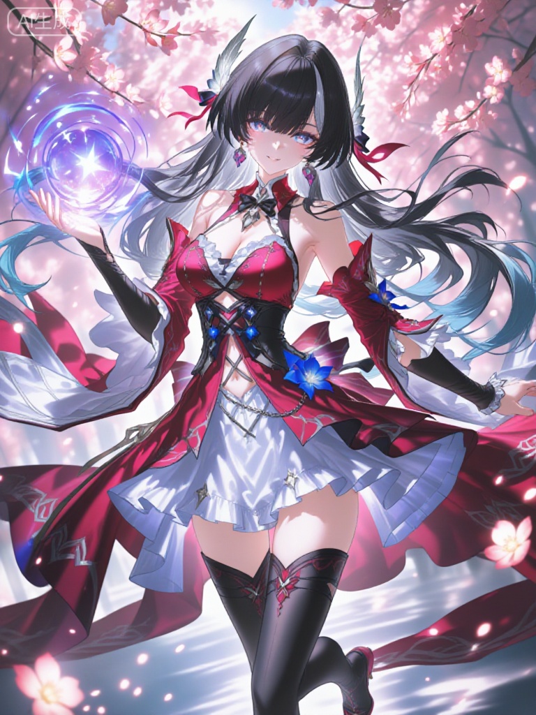 A stunning anime-style fantasy girl with long, flowing black hair streaked with silver highlights, styled in twin braids adorned with red ribbons and floral accents, wearing an elegant and revealing gothic-inspired outfit: a red and white dress with a deep V-neckline, lace-up corset details, ruffled sleeves, and layered frills, accented with blue flower motifs and metallic chain elements, paired with thigh-high black boots featuring ornate red patterns and silver buckles, holding a glowing purple magical orb in one hand that emits radiant light and star-like particles, dynamic pose with one arm raised and the other extended, standing against a vibrant background of floating pink cherry blossoms and soft light flares, expressive blue eyes with a confident and alluring gaze, delicate facial features, intricate jewelry including earrings and choker, high-quality digital illustration with rich colors, detailed textures, and dramatic lighting — ar 3:4 --v 6 --style raw --lighting bright magical glow with radiant highlights and bokeh effects