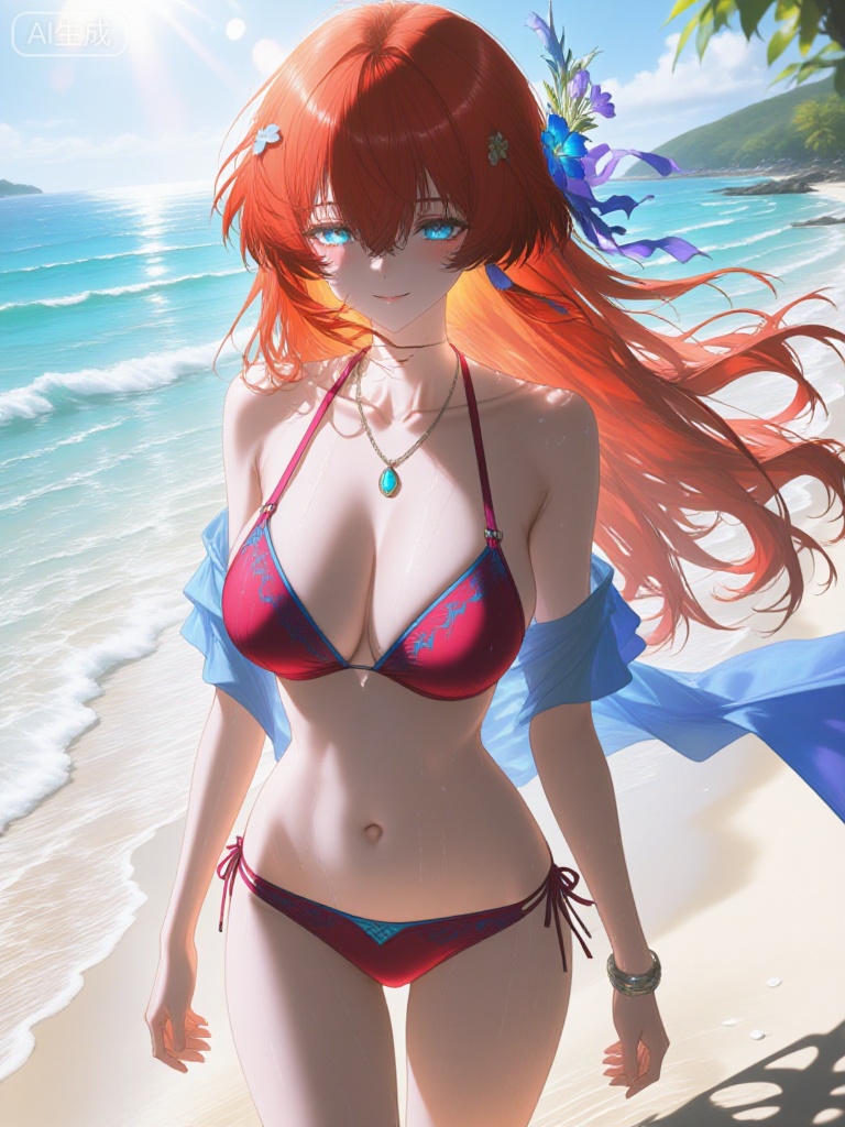 A beautiful anime-style woman with long, flowing fiery red hair adorned with blue and purple flowers, standing on a sunlit beach with gentle waves crashing behind her, wearing a stylish red bikini with blue trim and delicate lace details, featuring a triangle top with thin straps and a matching bottom tied with ribbon bows, accessorized with a golden necklace featuring a turquoise pendant, a sheer light-blue scarf fluttering in the breeze, and elegant bracelets on her wrist, soft smile and serene expression, bright blue eyes with subtle sparkle, wind-swept hair and fabric adding dynamic motion, warm sunlight casting soft highlights and natural shadows, background of clear turquoise ocean, white foam waves, and distant rocky cliffs under a bright sky, tropical summer atmosphere enhanced by lens flare and bokeh effects, high-quality digital illustration with vibrant colors, smooth skin texture, and cinematic lighting — ar 3:4 --v 6 --style raw --lighting bright natural daylight with soft rim lighting and golden hour glow