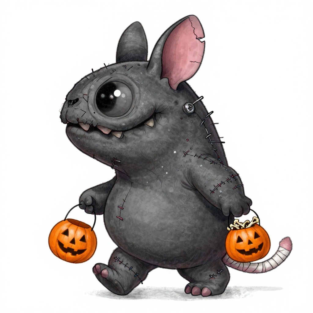 Chris_Ryniak_Scribble Style,  A stylized,  dark-grey monster with a disproportionately large head walks across a plain whi...