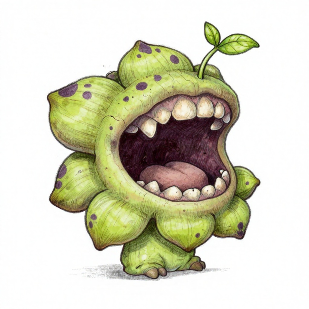 Chris_Ryniak_Scribble Style,  A whimsical hand-drawn illustration features a sentient plant-monster with a massive head th...