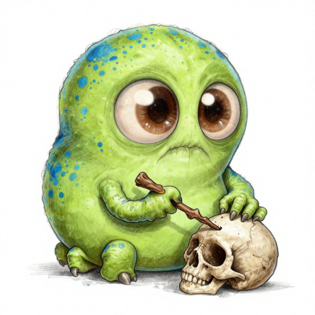 Chris_Ryniak_Scribble Style,  A bulbous,  lime-green creature with blue-spotted skin and massive on Tensor.Art