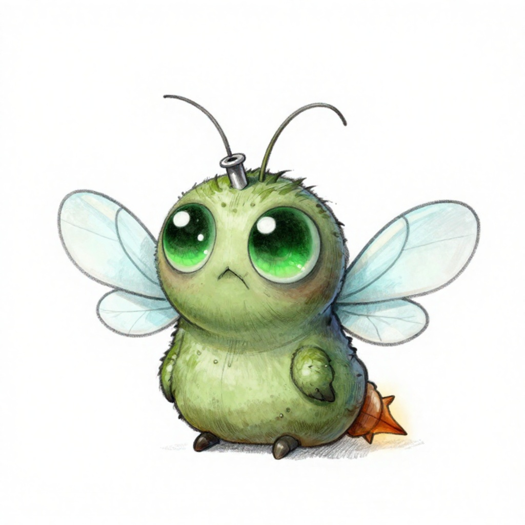 Chris_Ryniak_Scribble Style,  A small,  stylized creature with elements of both a plant and an insect sits centered agains...