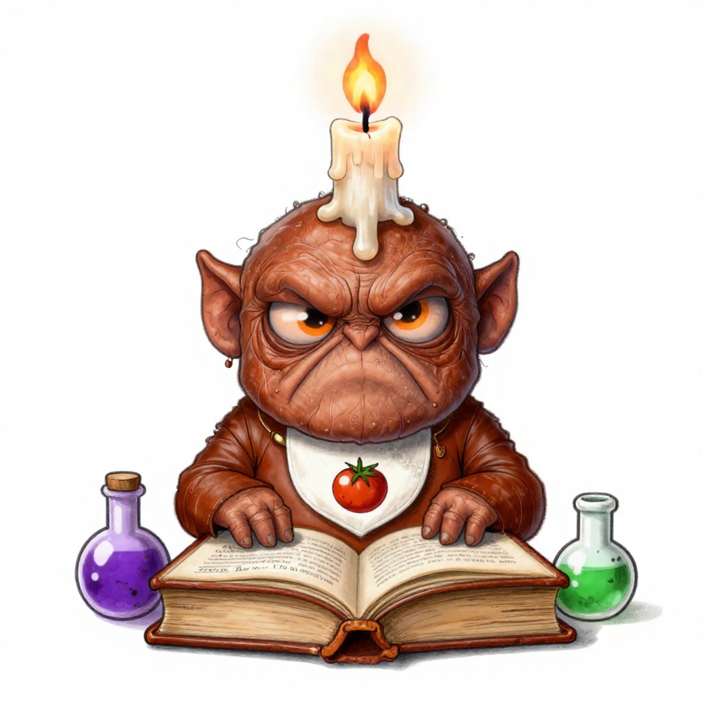 Chris_Ryniak_Scribble Style,  A sentient spellbook with a grumpy,  wrinkled leather face and drooping orange eyes sits cen...