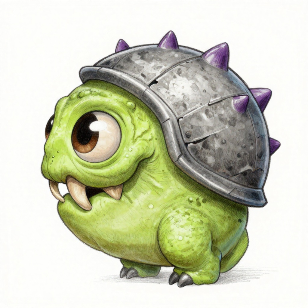 Chris_Ryniak_Scribble Style,  A profile illustration depicts a creature with a fleshy,  lime-green body and a shell made o...