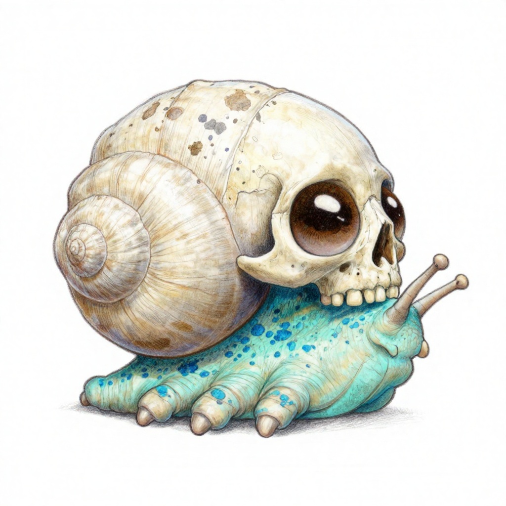 Chris_Ryniak_Scribble Style,  A profile illustration depicts a bulbous,  snail-like creature whose shell is a weathered on...