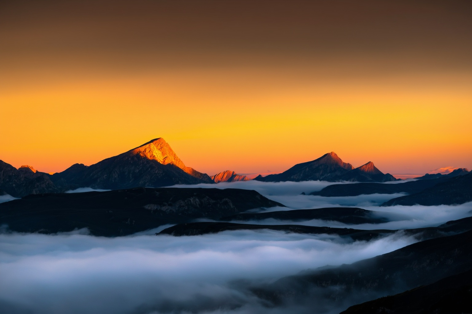 aurelmanea3z photography. A mountain landscape at sunrise. The sky is a gradient of warm orange and yellow hues,  creating...