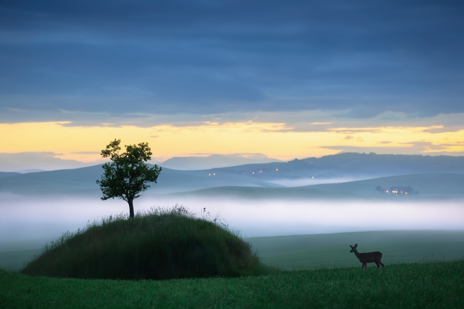 aurelmanea3z photography. A landscape with rolling green hills and a single tree standing prominently on a small mound in...