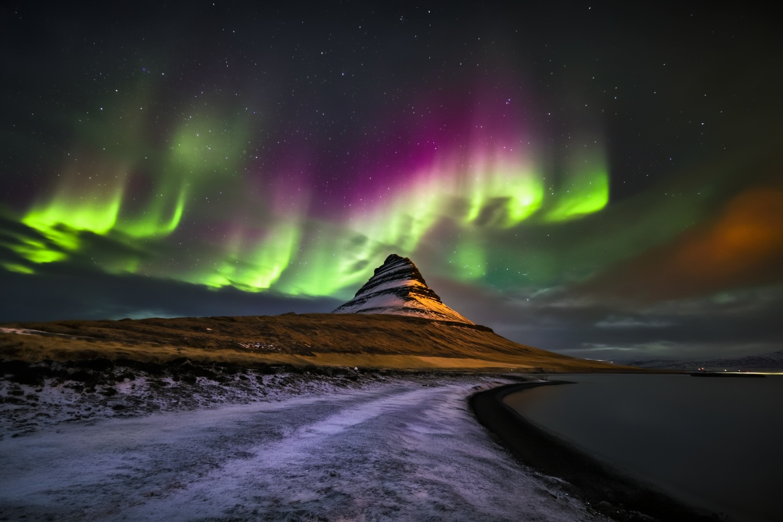 aurelmanea3z photography. A nighttime landscape with a prominent mountain peak in the center,  partially covered in snow....