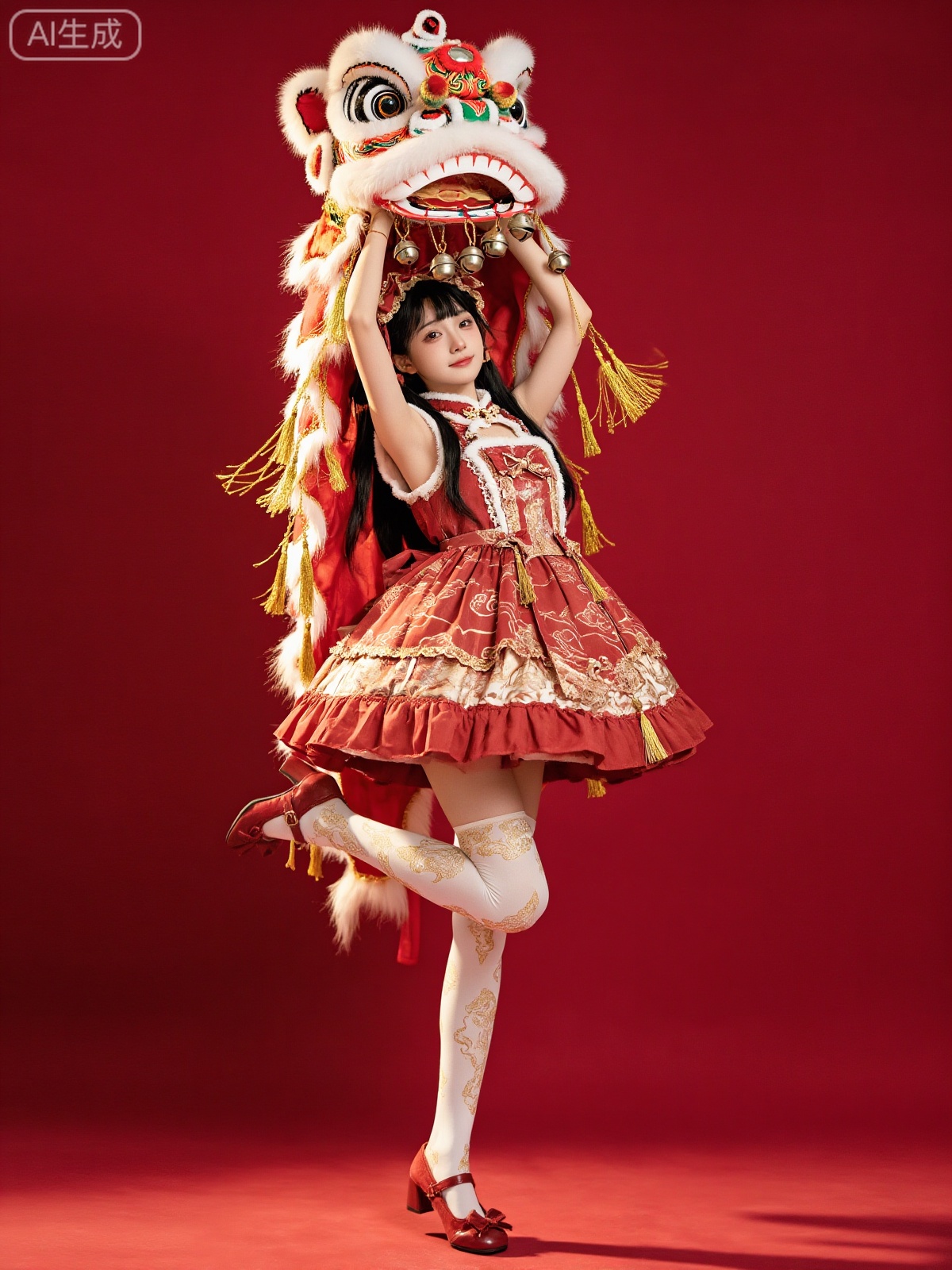 A sweet-looking young beauty wearing a gorgeous red and gold Lolita dress with delicate golden cloud patterns and soft, fluffy white trim. She holds a large handcrafted lion dance head above her head with both hands; the lion head is primarily red and white, adorned with hanging golden tassels and tinkling metal bells, with realistic details and genuine fabric and metal textures. She wears white thigh-high stockings with golden patterns and red high-heeled dance shoes, leaping dynamically on one leg with natural and realistic body movements. The background is a solid, deep crimson color. The overall image is in a hyper-realistic portrait photography style, with soft and natural light and shadow, rich and true colors, clear and visible material textures of clothing and the lion head, full of details, a joyful and festive atmosphere, and a strong sense of real texture and visual impact.