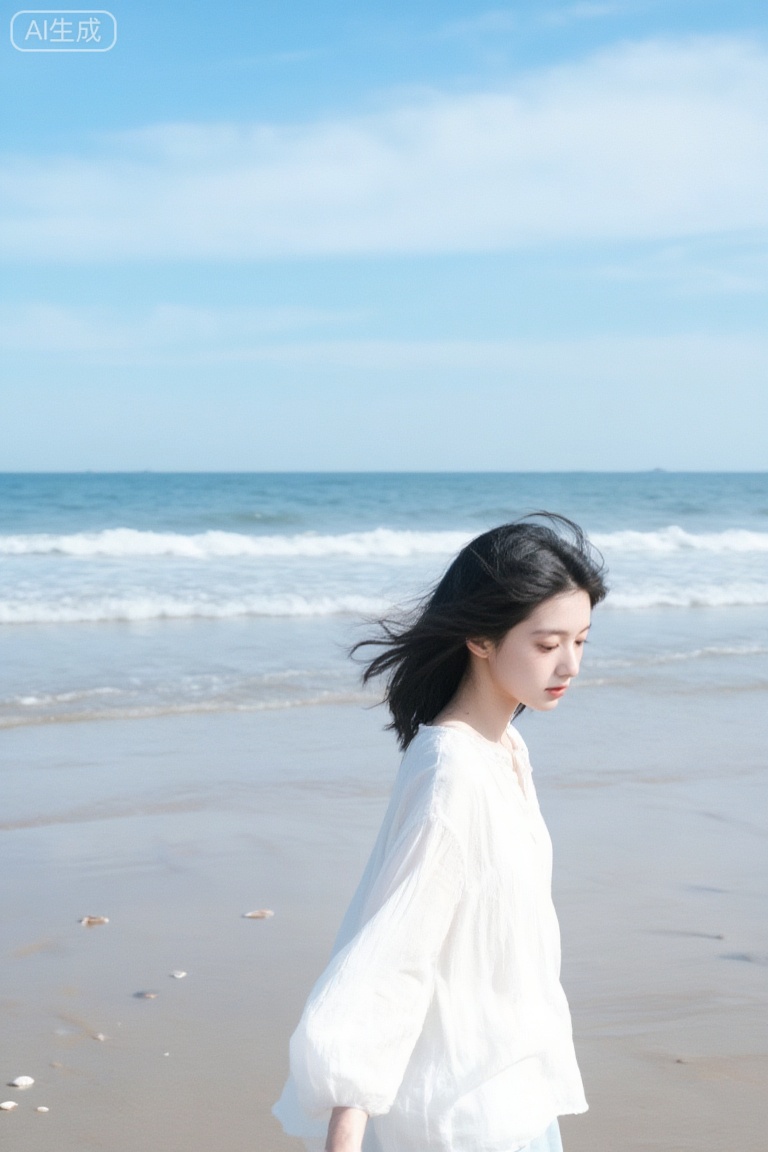 Depicting a serene coastal scene with a young woman in the foreground. The photograph captures a young Asian woman with medium-length black hair,styled in a tousled,wind-blown manner,standing at a quiet shallow beach with gentle lapping waves and smooth wet sand. She wears a loose,long-sleeved white cotton blouse that flows gently in the sea breeze,contrasting softly against the blue ocean and pale beige sand. The sky is clear and bright blue,with wispy white clouds and a distant soft horizon where the sea meets the sky. The shore is peaceful,with small seashells scattered on the sand and gentle ripples in the shallow water,suggesting an expansive,calm coastal landscape. The composition emphasizes a sense of tranquility and harmony with the ocean,with the woman’s delicate,almost ethereal presence blending seamlessly with the serene seaside beauty. The photograph evokes a timeless,peaceful quality,blending realism with a touch of gentle enchantment.,