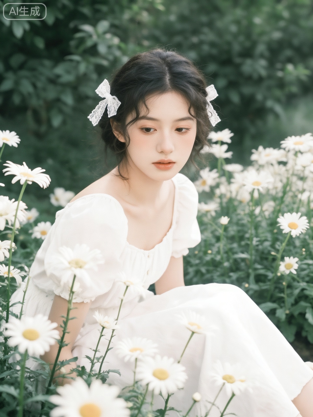 This is a photograph of a young Asian woman with fair skin and delicate features,sitting amidst a lush field of white daisies. She has dark,wavy hair adorned with a white lace bow. She wears a white,off-the-shoulder blouse with puffy sleeves,enhancing her ethereal,fairy-like appearance. Her expression is soft and contemplative,with a hint of melancholy. The background is a blur of greenery and more daisies,creating a dreamy,almost otherworldly atmosphere. The lighting is natural and diffused,casting a gentle glow on her face and the flowers