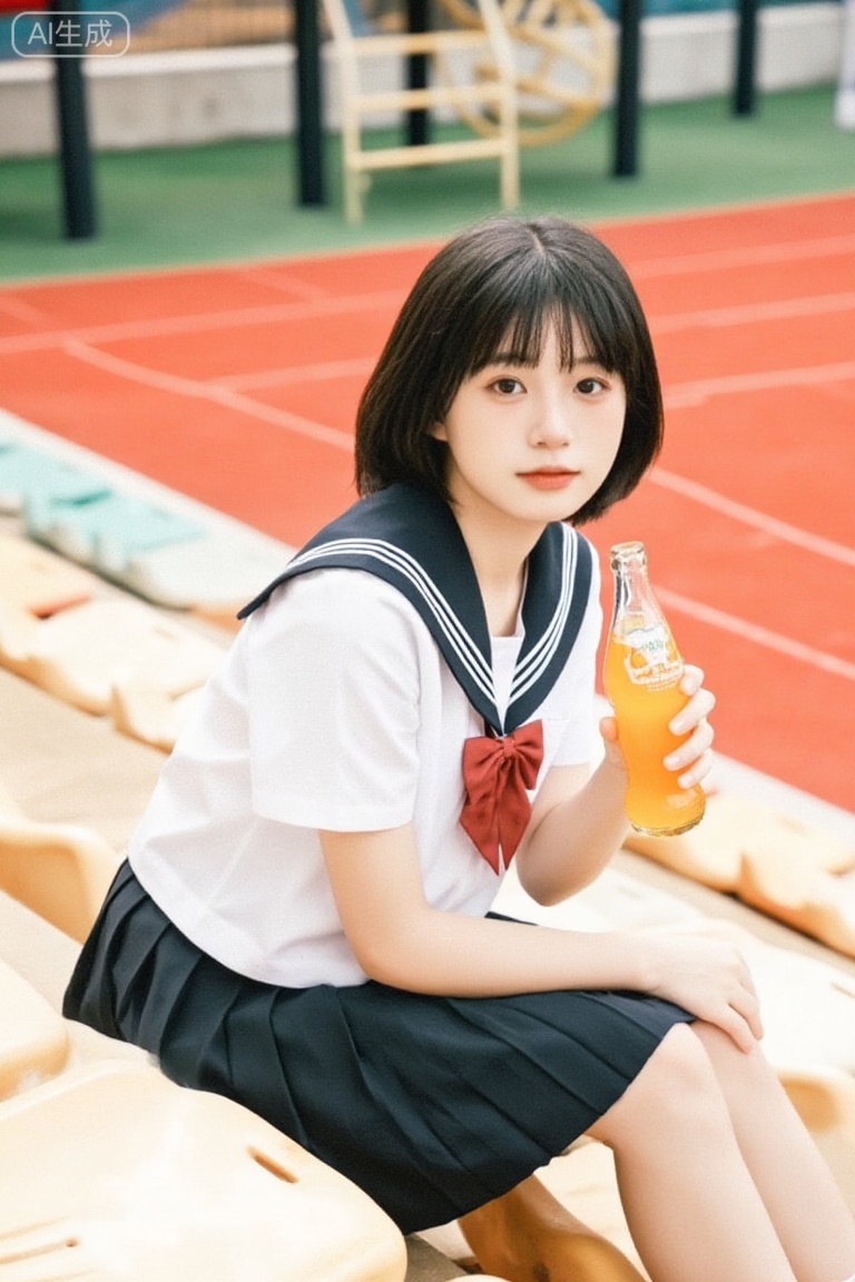 the girl wears a sailor suit,sits on the stands of the playground,holding half a bottle of orange soda in her hand,and the background is a red runway.,