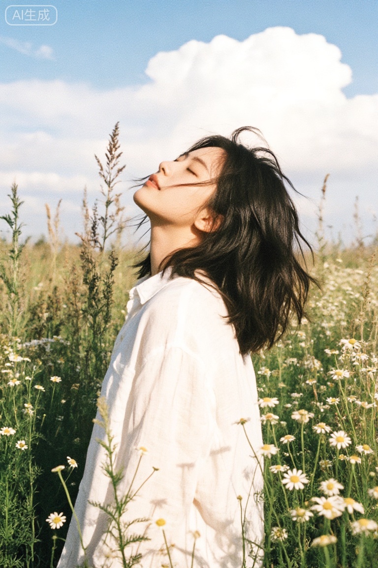a girl with naturally tousled medium-length black hair, wearing a loose white linen shirt, standing in a summer flower field full of white chamomile and wild weeds. She closes her eyes, tilts her face slightly upward, feeling the breeze. The background features a clear blue sky with fluffy white clouds, and warm sunlight bathes her and the lush grass, creating a peaceful and healing atmosphere full of summer laziness and relaxation