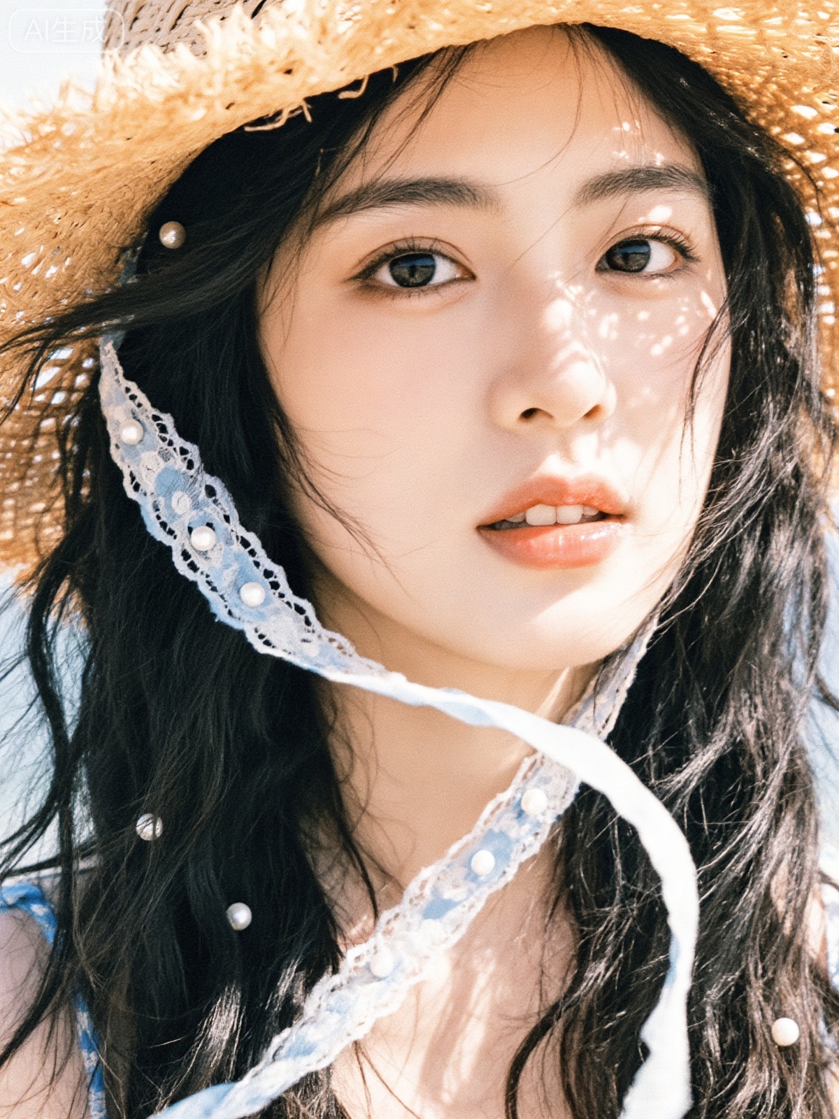 高清写实的画质,美少女,夏天,微风,阳光晒脸上,长发,大眼睛,沙滩草帽遮一半阳光,东方面孔女子写真摄影。一位散发着忧郁气质的千金大小姐,一头黑色长卷发。绝美的面容,精致的妆容,珍珠装饰,头上的丝带蝴蝶结增添了几分娇俏,身上的蓝白色蕾丝带随风飘动突显头发凌乱美,灵动,水润的唇微微张开,近镜头脸部拍摄