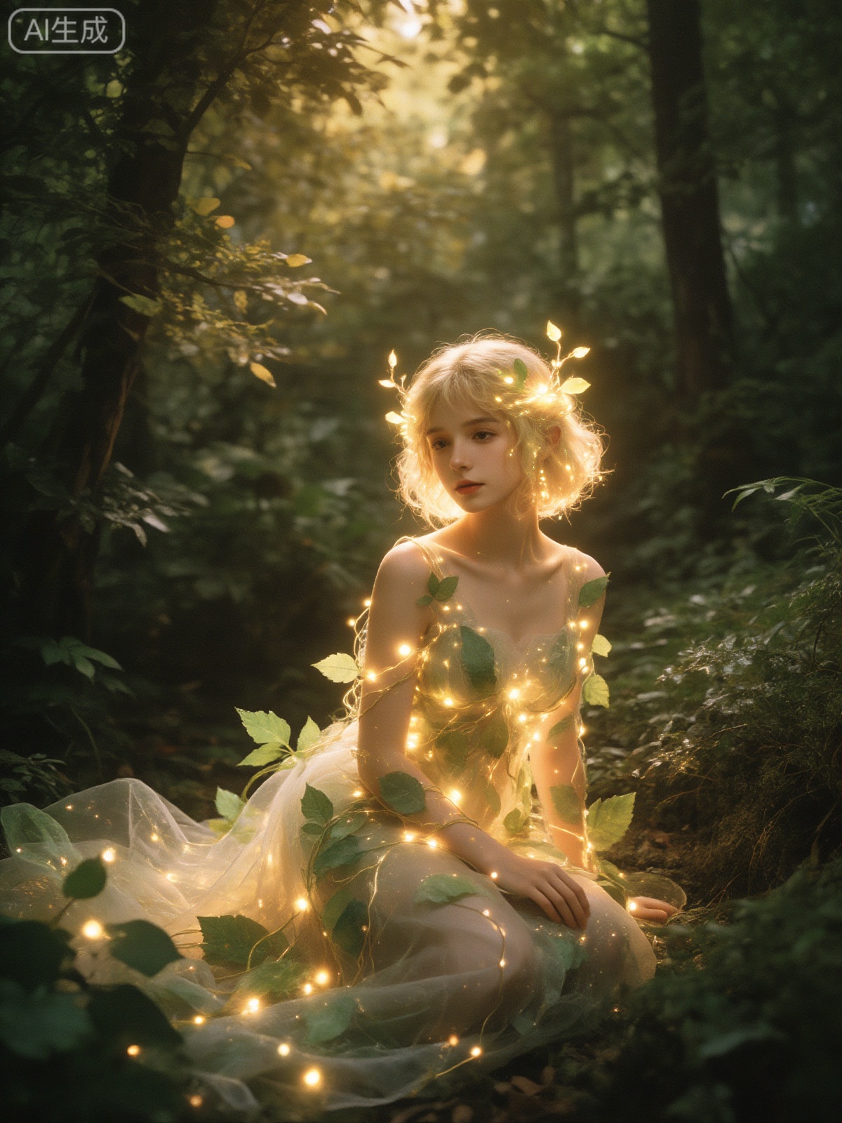 a  girl with short,wavy blonde hair,adorned with delicate glowing branches and leaves in her hair. She wears a gown made of transparent tulle interwoven with three-dimensional green leaves and glowing vines,sitting in a deep,dense forest. Surrounded by lush greenery and glowing golden foliage,warm soft forest light filters through the layers of leaves,creating a dappled halo on her and the background. The overall atmosphere is ethereal and dreamlike,like a natural elf in the forest,