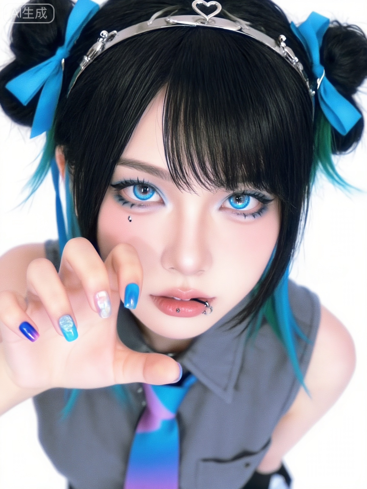 A highly stylized anime girl with black double-bun hairstyle featuring teal highlights, adorned with blue ribbon hair accessories and a heart-shaped metal headband. She wears large, vibrant blue cosplay contact lenses, dramatic makeup with a beauty mark under her eye, and a lip piercing. She is dressed in a gray sleeveless shirt paired with a blue-to-purple gradient necktie. Her right hand is raised, showcasing colorful, mismatched nail art with blue, clear, and gradient designs. The background is a clean, pure white, shot from a high-angle perspective. The overall style is Japanese Harajuku cosplay photography, with strong color contrasts, exuding energy and a futuristic vibe. 8K ultra-high definition, photorealistic texture.
