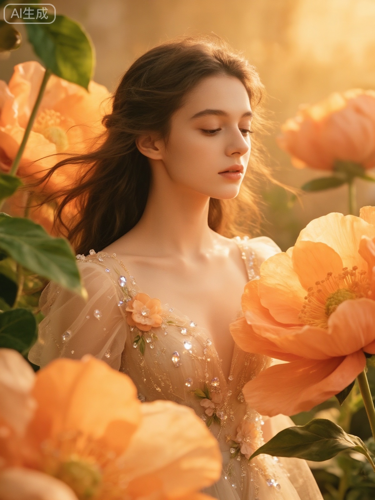 a girl with naturally falling dark hair, gently surrounded by giant warm orange flowers and green leaves. She wears a light beige tulle gown adorned with delicate sparkling crystals and three-dimensional floral decorations. The background features soft, warm golden natural light, creating a warm and dreamy atmosphere, as if she were a flower elf blooming in spring, with the entire image exuding a healing and poetic romance.