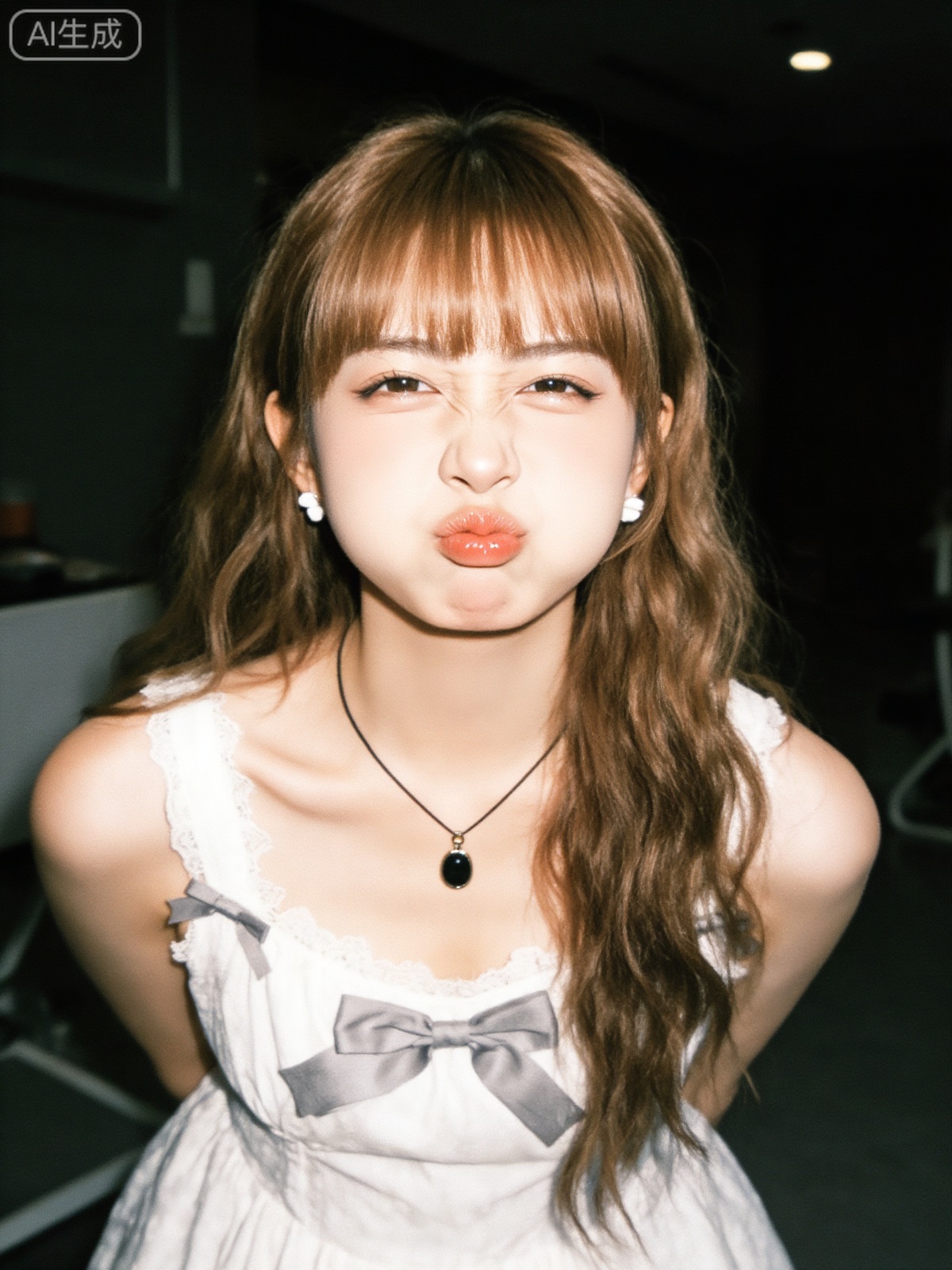 A cute East Asian girl with long light brown curly hair and air bangs, clear makeup, and plump cheeks is puffing up her mouth to make an aggrieved and somewhat cute expression. She wore a mainly white Lolita-style dress with gray bows and lace, a simple black medallion necklace and small white earrings. The background is a dim indoor environment, and the light comes from the front, forming a strong contrast between light and dark, highlighting the main character. The overall style is realistic portrait photography, with Japanese film graininess, and the picture has a lazy and cute atmosphere, 8K ultra-high definition.