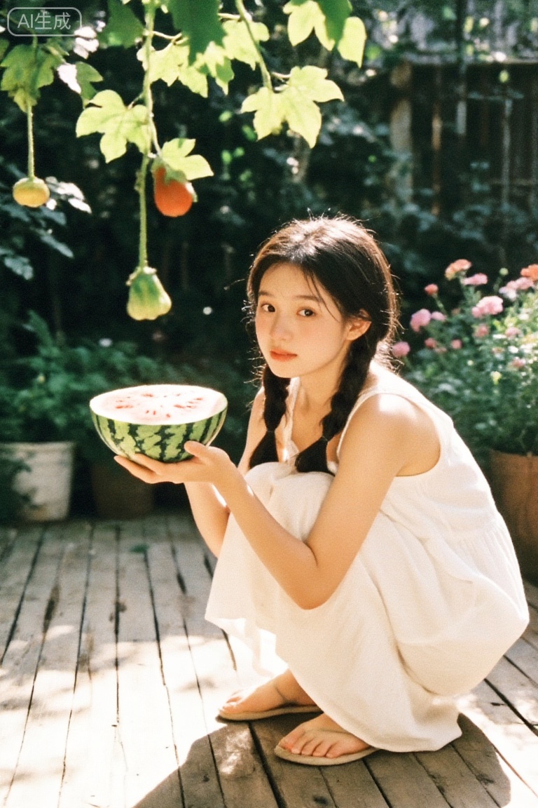 The girl squatted on the wooden floor in the sun-drenched yard, holding half a cold watermelon in her hand, and the sunlight shone on her white dress through the leaves of the bell tree.