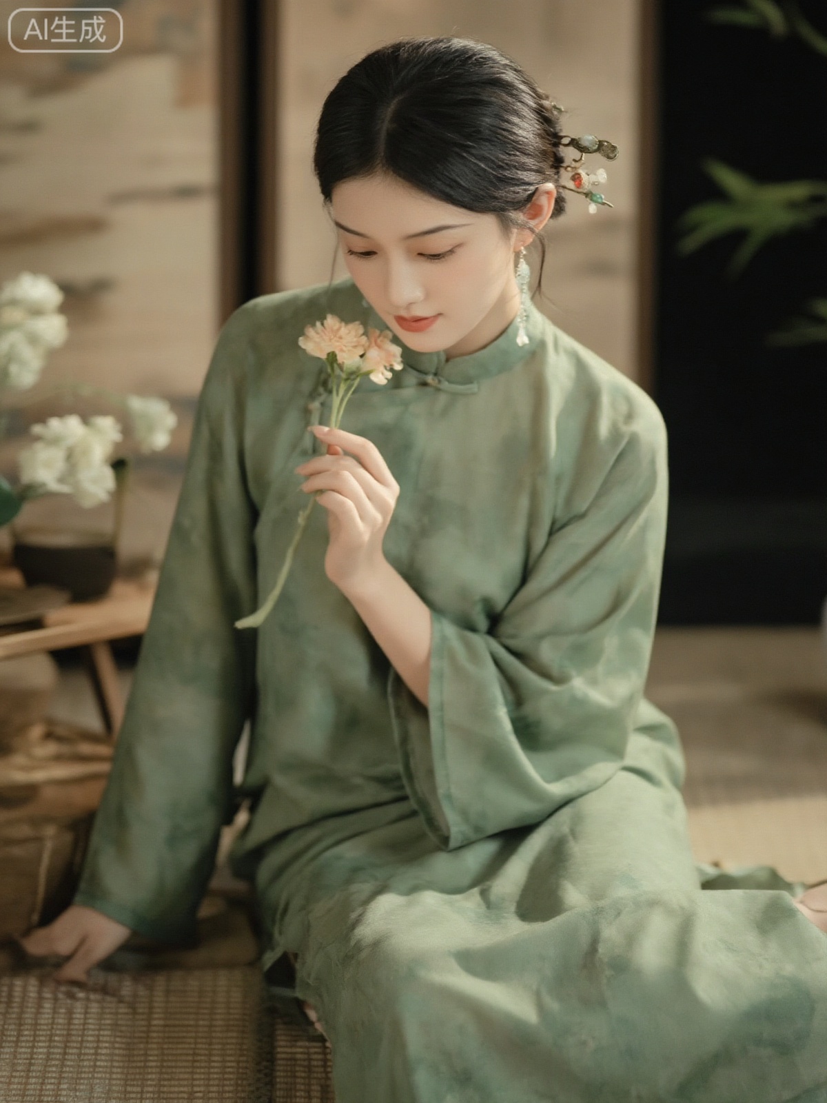 Create a scene featuring a solo girl sitting gracefully, dressed in a green Chinese-style dress with long sleeves. Her black hair is adorned with a hair ornament, and she holds a flower. The environment around her should evoke a serene and traditional atmosphere, enhancing the elegance and grace of the moment.
