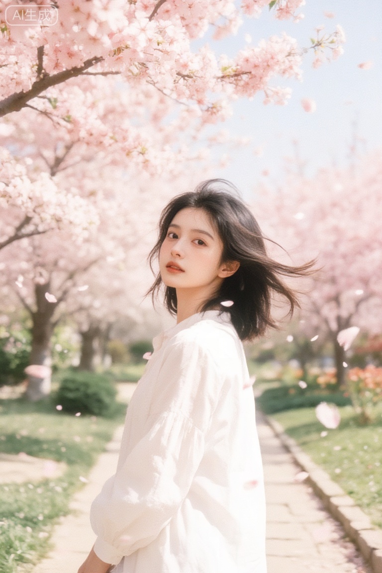 The photograph captures a young Asian woman with medium-length black hair,styled in a tousled,wind-blown manner,standing beneath a canopy of blooming pink cherry blossom trees with delicate petals falling gently around her. She wears a loose,long-sleeved white chiffon blouse that floats softly alongside the falling cherry blossoms,contrasting beautifully against the pink and white floral canopy. The sky is pale blue and clear,with soft spring sunlight illuminating the petals and creating a gentle,glowing atmosphere. The garden is peaceful and lush,with neatly trimmed green grass and a stone path winding through the blossoms,suggesting a tranquil,traditional oriental garden landscape. The composition emphasizes a sense of serene beauty and fleeting spring charm,with the woman’s delicate,almost ethereal presence harmonizing perfectly with the soft,romantic nature of the cherry blossoms. The photograph evokes a timeless,dreamlike quality,blending realism with a touch of delicate enchantment.,